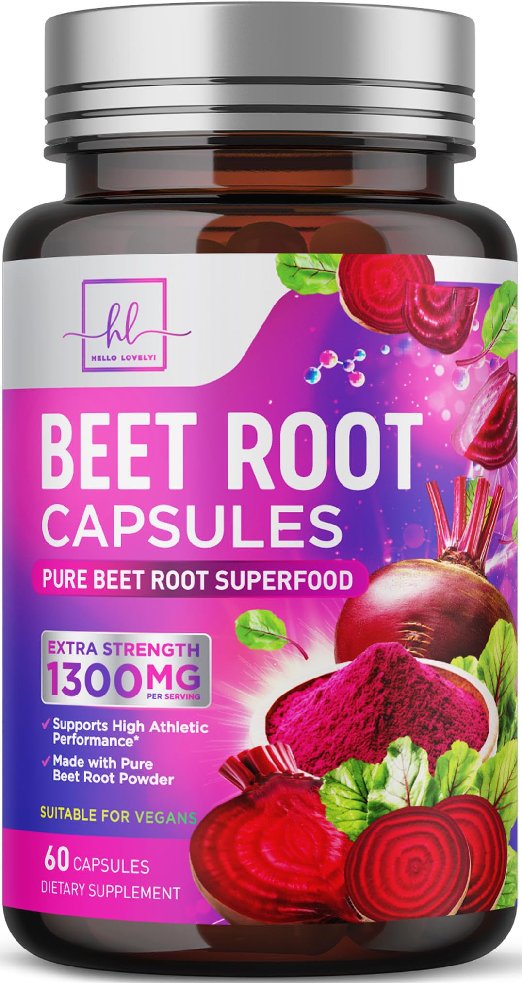 Hello Lovely! Organic Beet Root 1300mg Per Serving - Extra Strength Beetroot Supplement, Supports Athletic Performance, Vitality & Immune System, Best Beet Root Powder, Non-GMO, Bottled USA, 60 Capsules