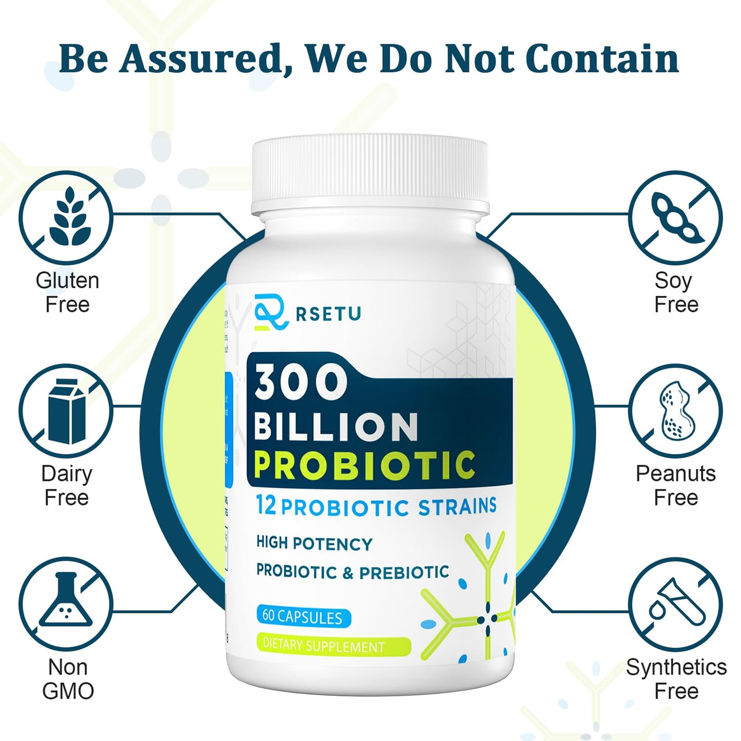 RSETU Probiotics for Women and Men Capsule, 60 Capsules, 300 Billion CFU High Potency + 12 Strains with Prebiotics
