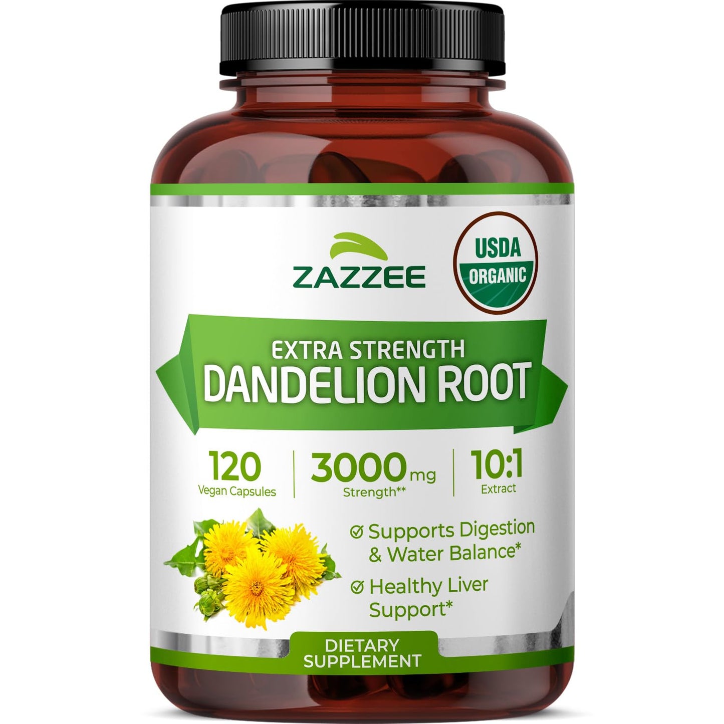 Zazzee USDA Organic Dandelion Root 10:1 Extract Capsules, 120 Count