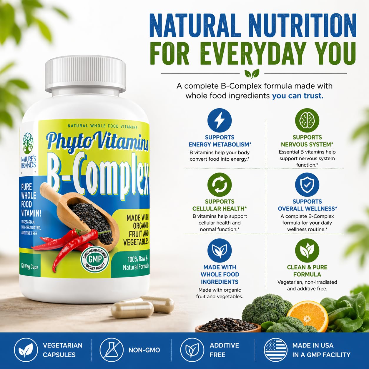 Nature's Brands Organic Whole Food Vitamin B-Complex Capsules 120 Count