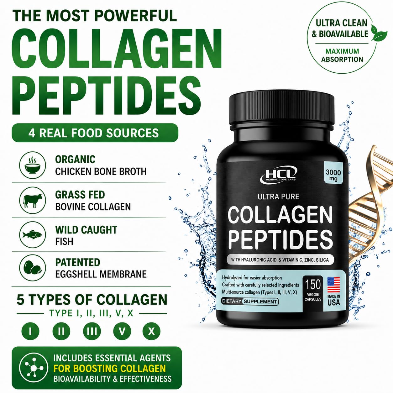 HCL Herbal Code Labs Collagen Peptides Powder with Vitamin C & Hyaluronic Acid, Hydrolyzed Multi-Type I, II, III, V, X Skin Hair Supplement, 1 Ounce