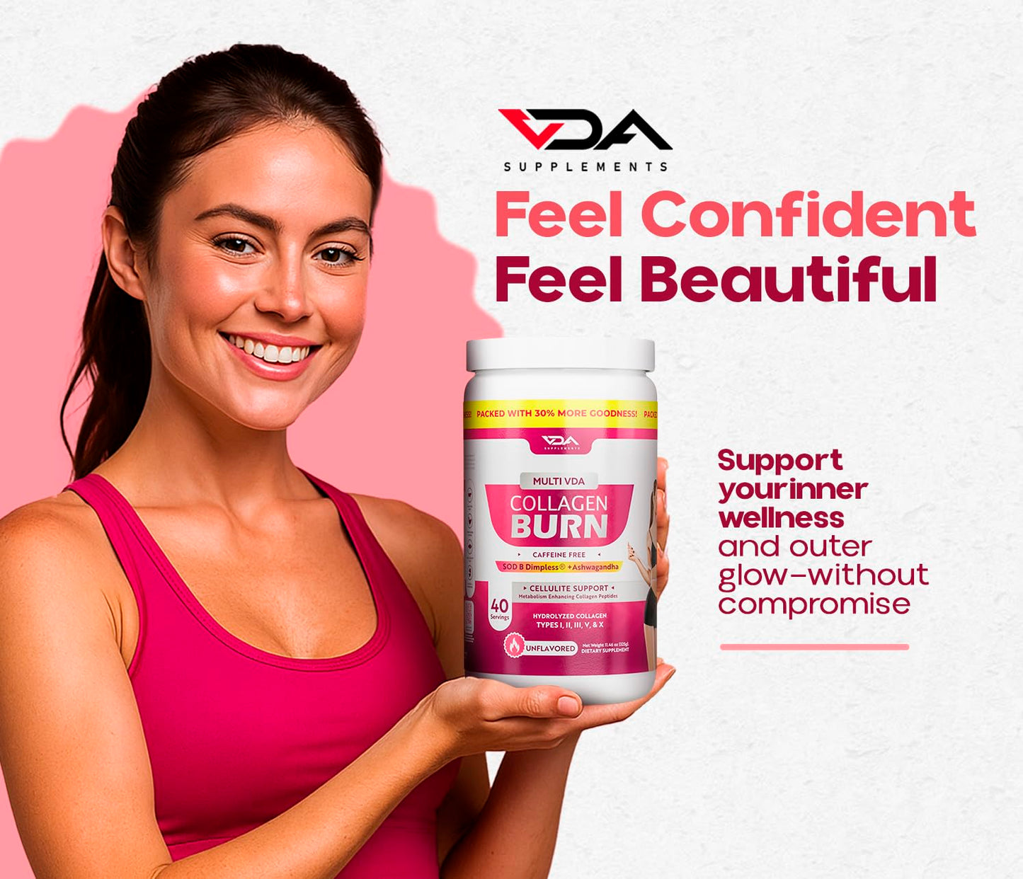 VDA Supplements Hydrolyzed Collagen Powder for Weight Loss - Burn Ultimate Beauty Complex Multi Peptides Powder for Women with Types I II III V and X for Fat Burning Support Unflavored 11.46 Ounce, 40 Servings