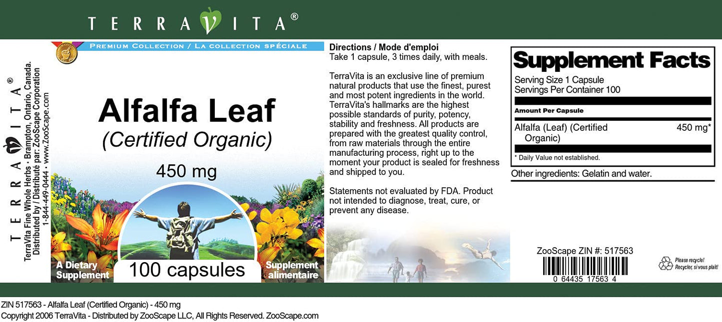 Terravita Alfalfa Leaf (Certified Organic) 450 mg Capsules, 300 Count