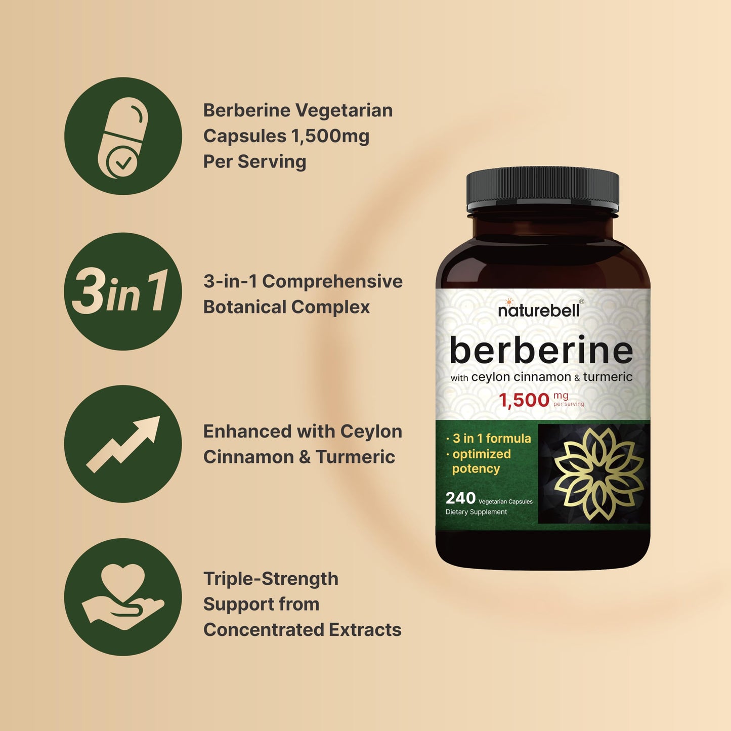 NatureBell Berberine Supplement 1,500mg with Ceylon Cinnamon & Turmeric Root Capsules, 240 Count