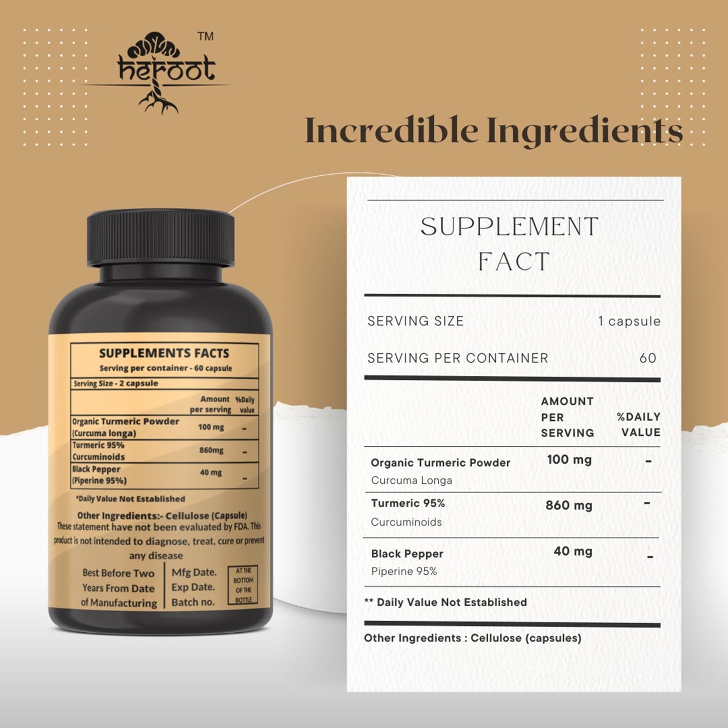 Heroot Turmeric Extract 1000mg with 95% Curcumin & Black Pepper Turmeric Complex Supplement, Capsule, 120 Count, Non-GMO, Gluten Free