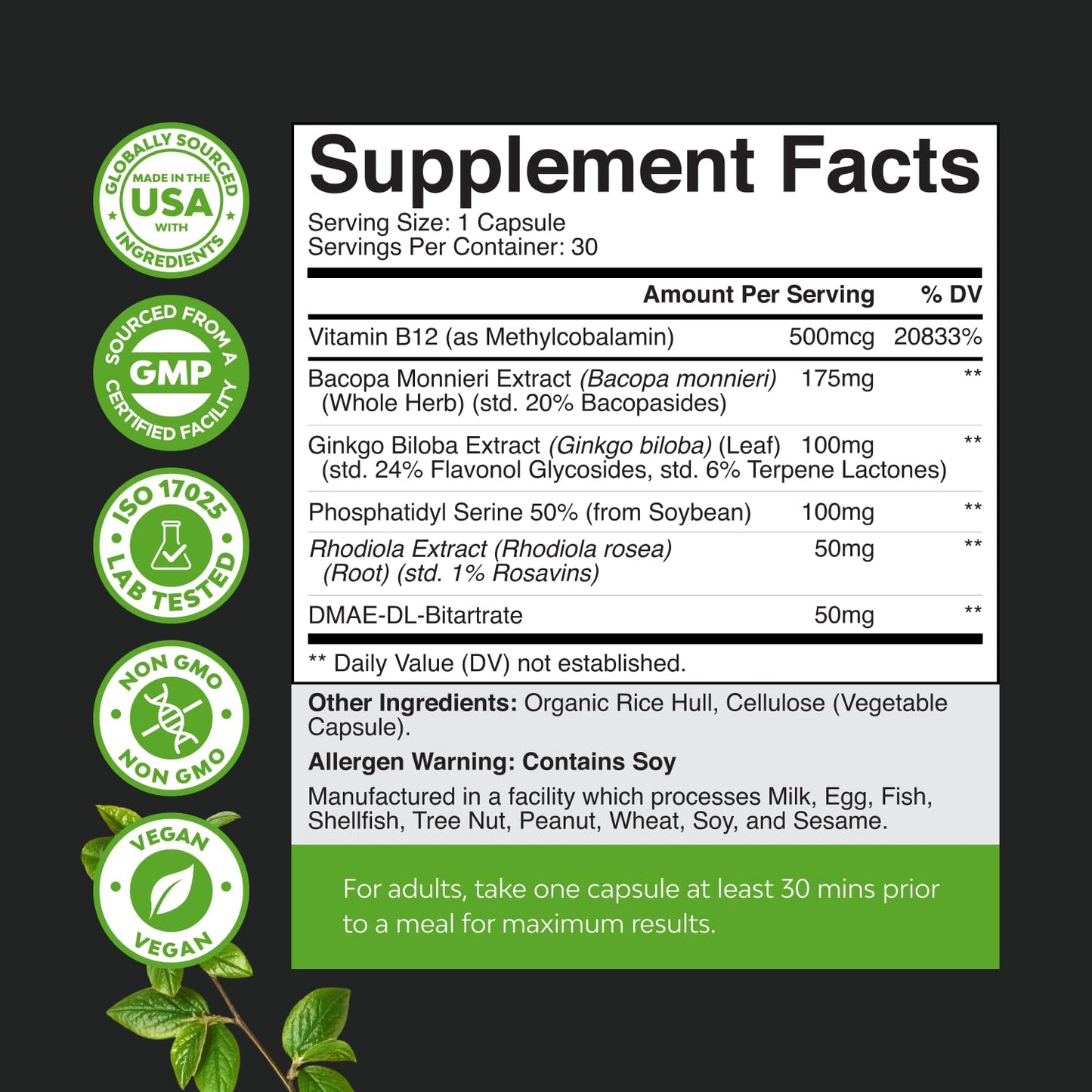 Natures Craft Nootropic Memory Supplement for Brain Support Capsule 30 Count