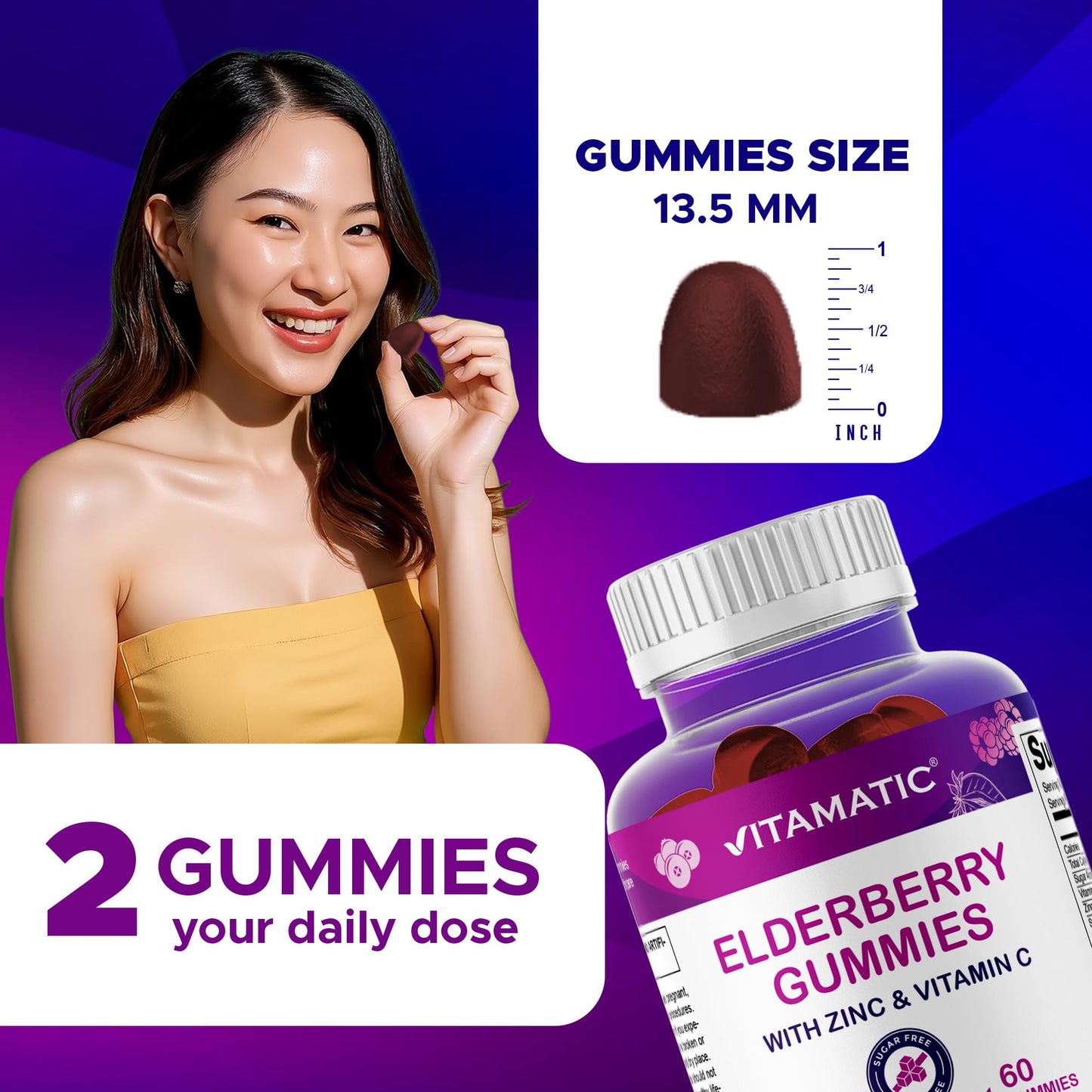 Vitamatic Elderberry Gummies with Vitamin C & Zinc – Immune Support, Gummies, 60 Count