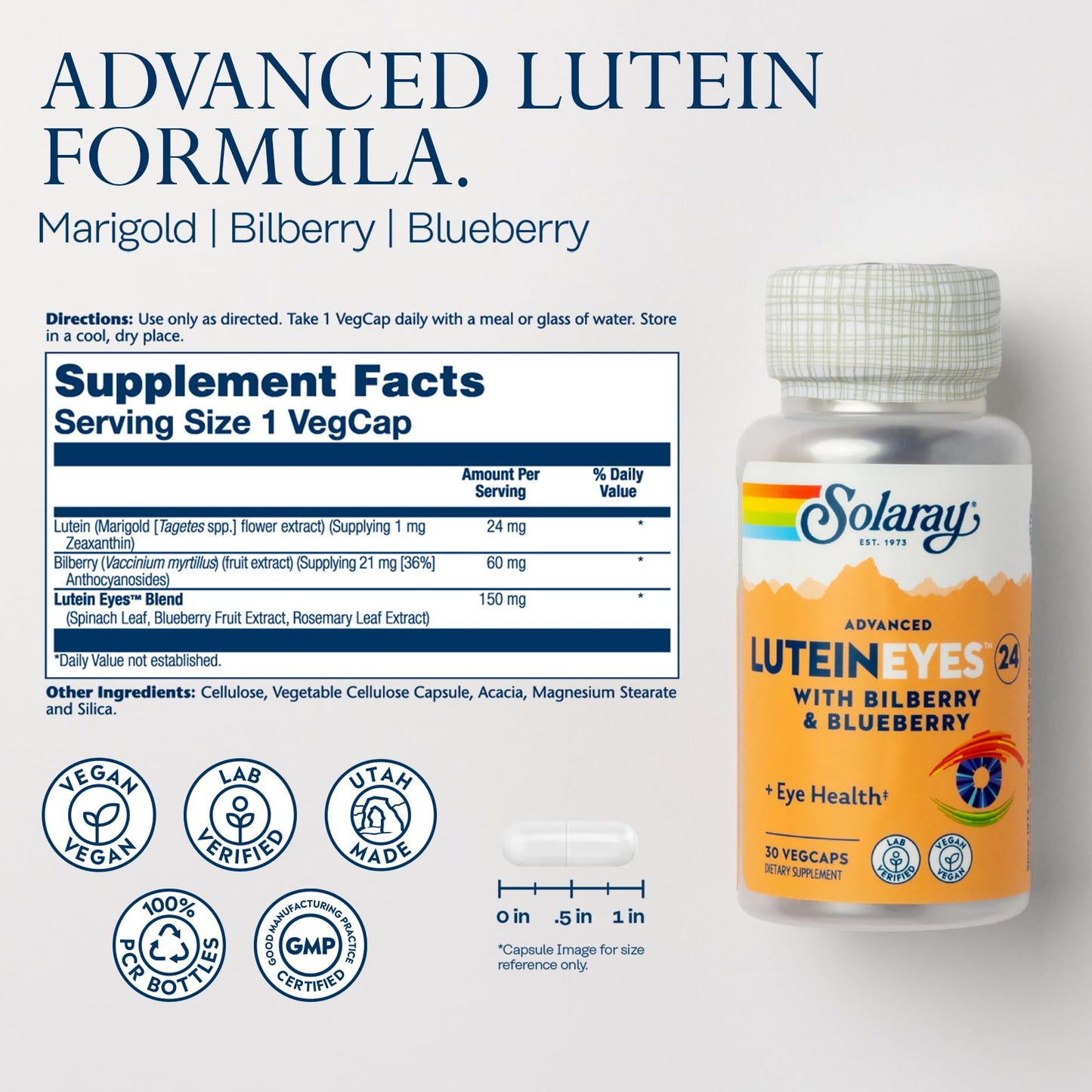 Solaray Lutein Eyes 24mg with Bilberry Extract and Blueberry Extract, Eye & Macular Health Support Supplement Supplying Zeaxanthin from Marigold, Vegan, Capsules, 30 Count