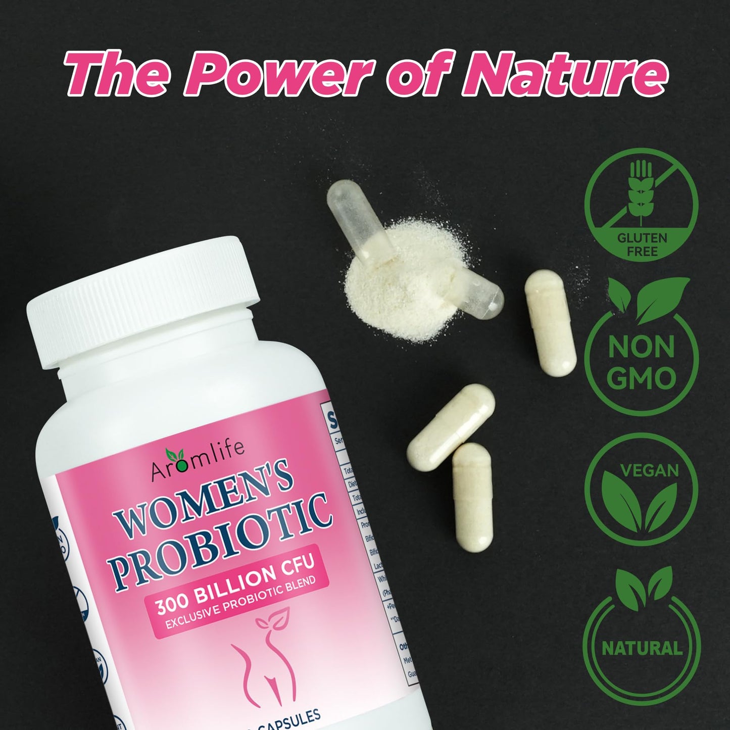 Aromlife Women's Probiotics 300 Billion CFUs Probiotic for Daily Digestive & Balance with 6 Strains Plant-Based with White Kidney Bean Extract Capsule 60 Count