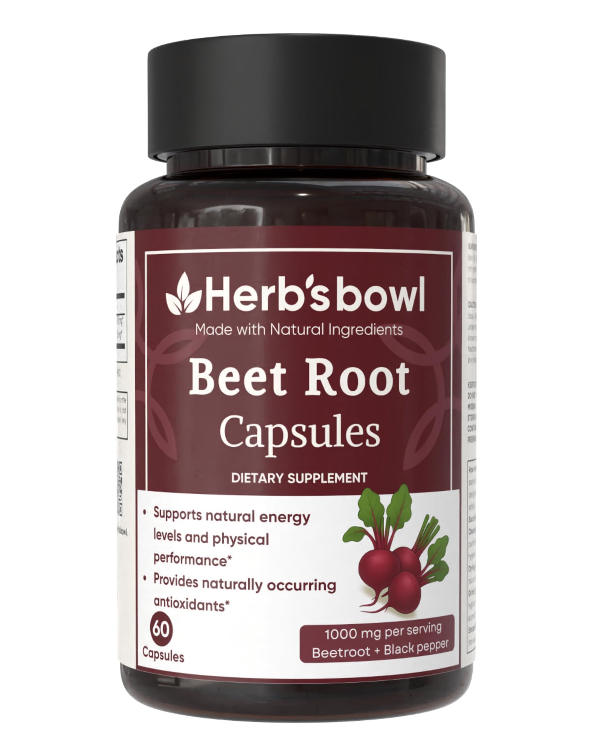 Herb'sbowl Beet Root Capsules, 1000 mg per Serving, with Black Pepper, Natural Energy Support, 60 Capsules