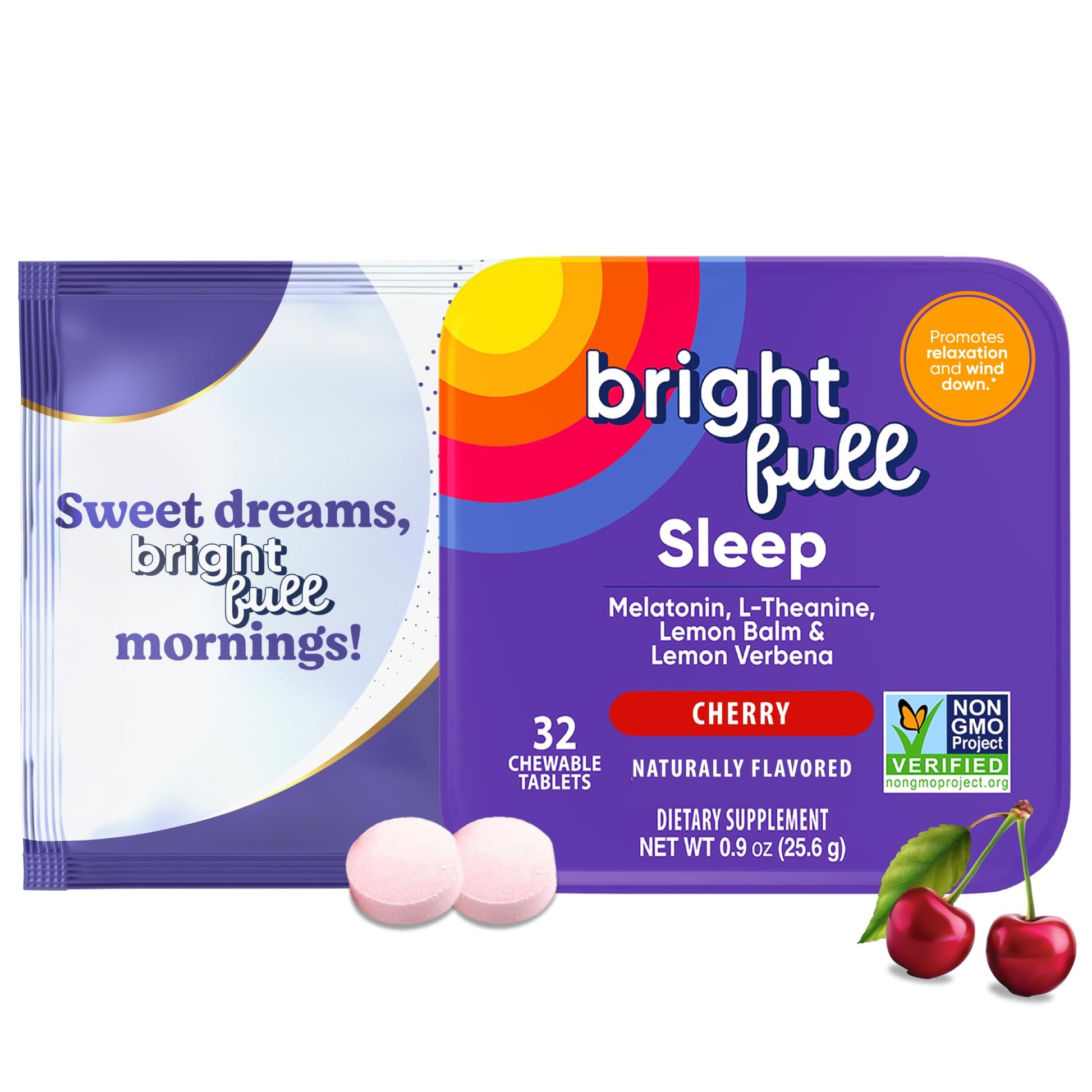 BRIGHTFULL Sleep Chewable Tablets with Melatonin, Ashwagandha, L-Theanine & Lemon Balm, Cherry Flavor, 32 Count
