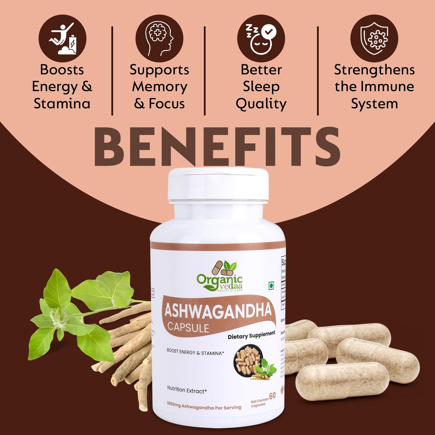 ORGANIC VEDAA HOLISTIC CARE Natural Fiber Ashwagandha Capsules 60 Capsules