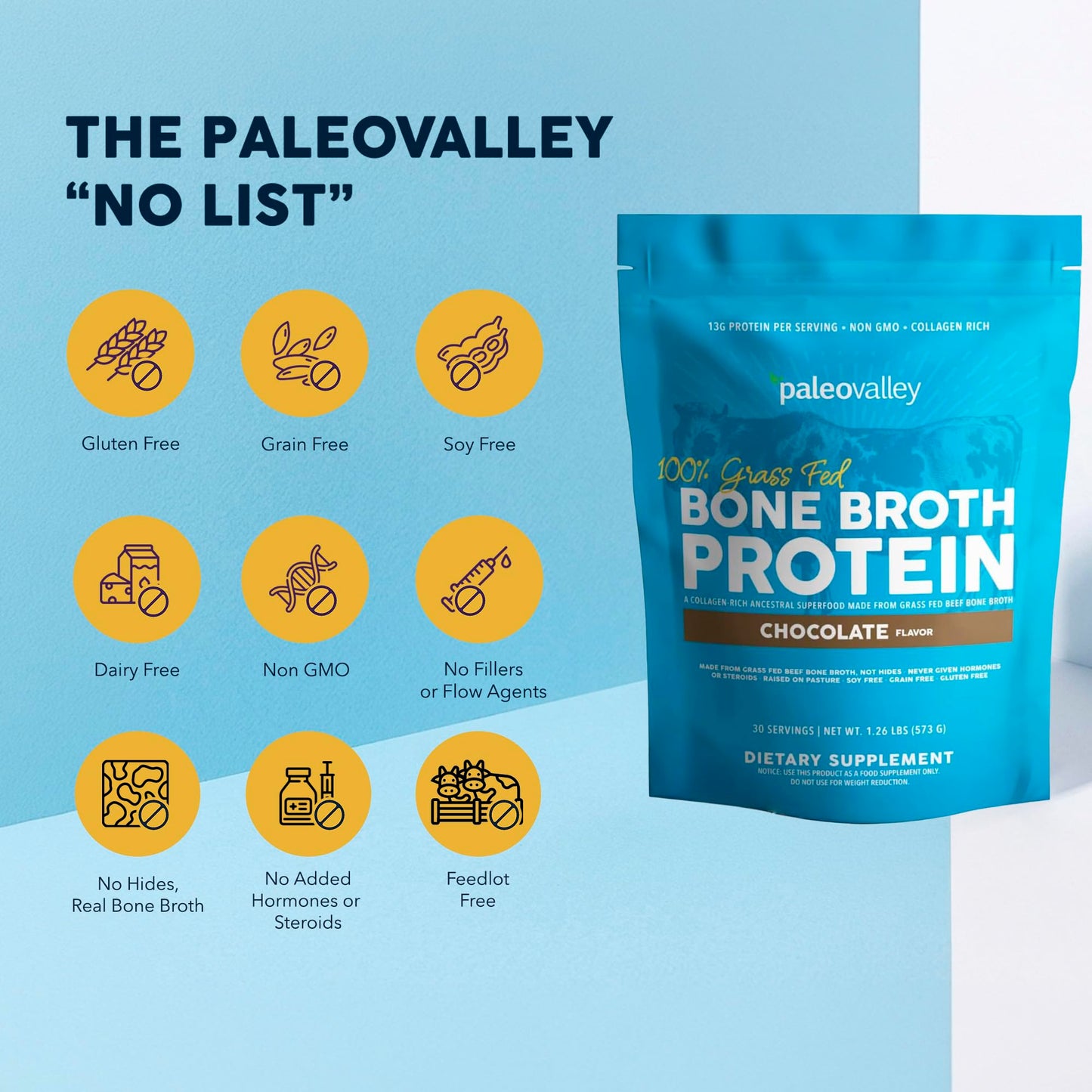 Paleovalley 100% Grass Fed Bone Broth Protein Powder, Chocolate, 1.18 lb
