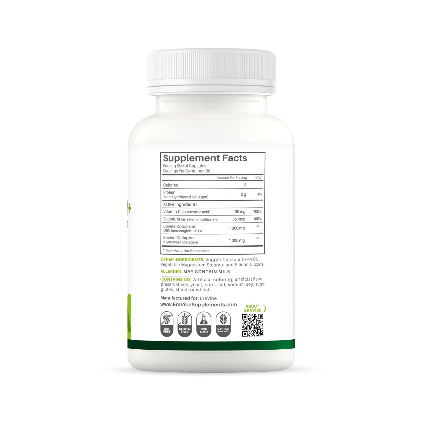 ERAVIBE Colostrum 4-in-1 Supplement Capsules with Collagen, Selenium & Vitamin C, 2100mg, 120 Count