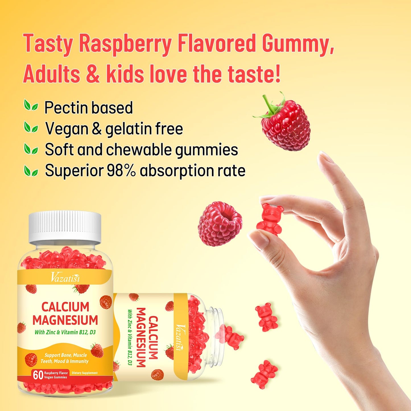 Vazatisi Calcium Gummies with Magnesium, Zinc, Vitamin D3 & B12 Gummy 60 Count