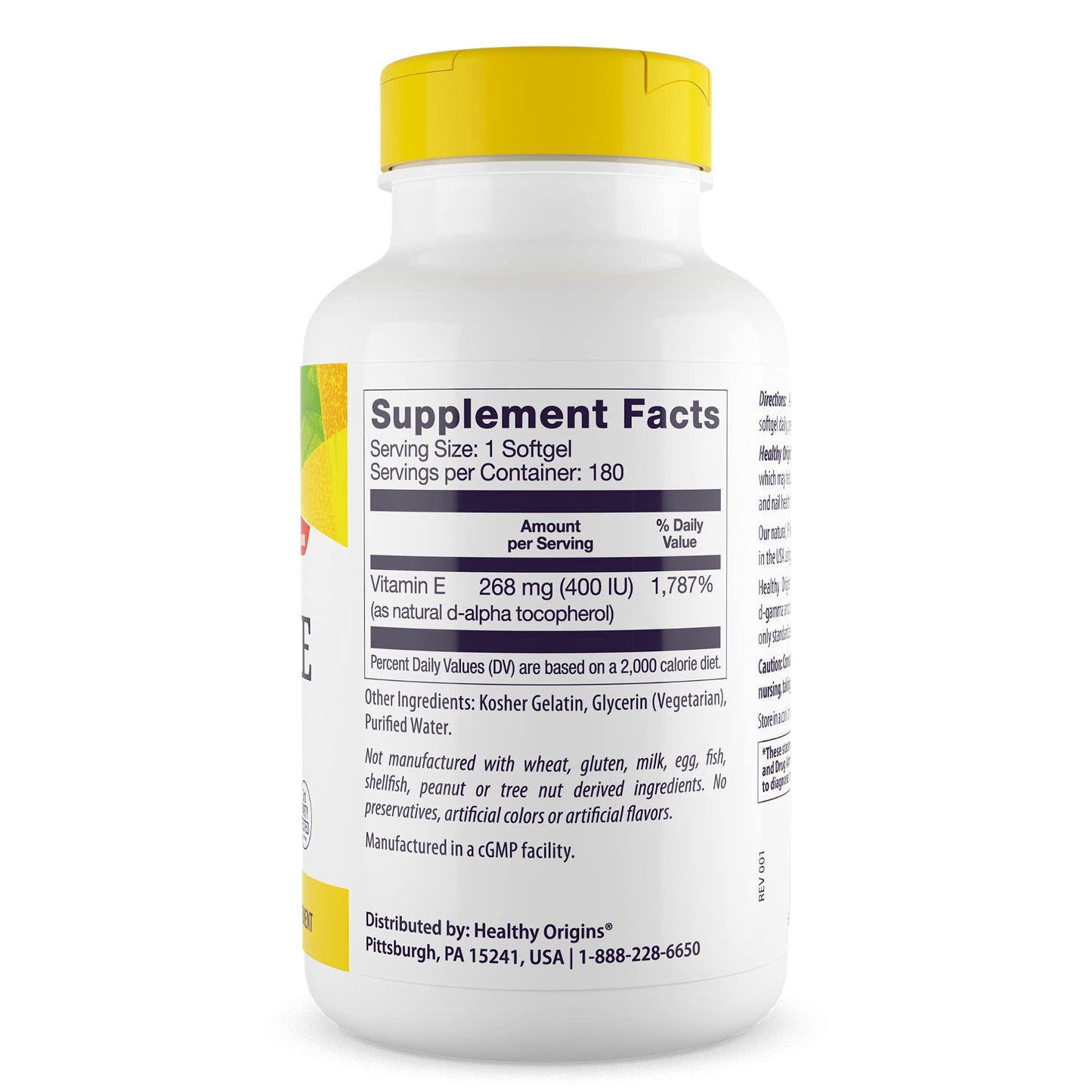 Healthy Origins Vitamin E 400 IU (268 mg) Natural Mixed Tocopherols Softgels, 180 Count