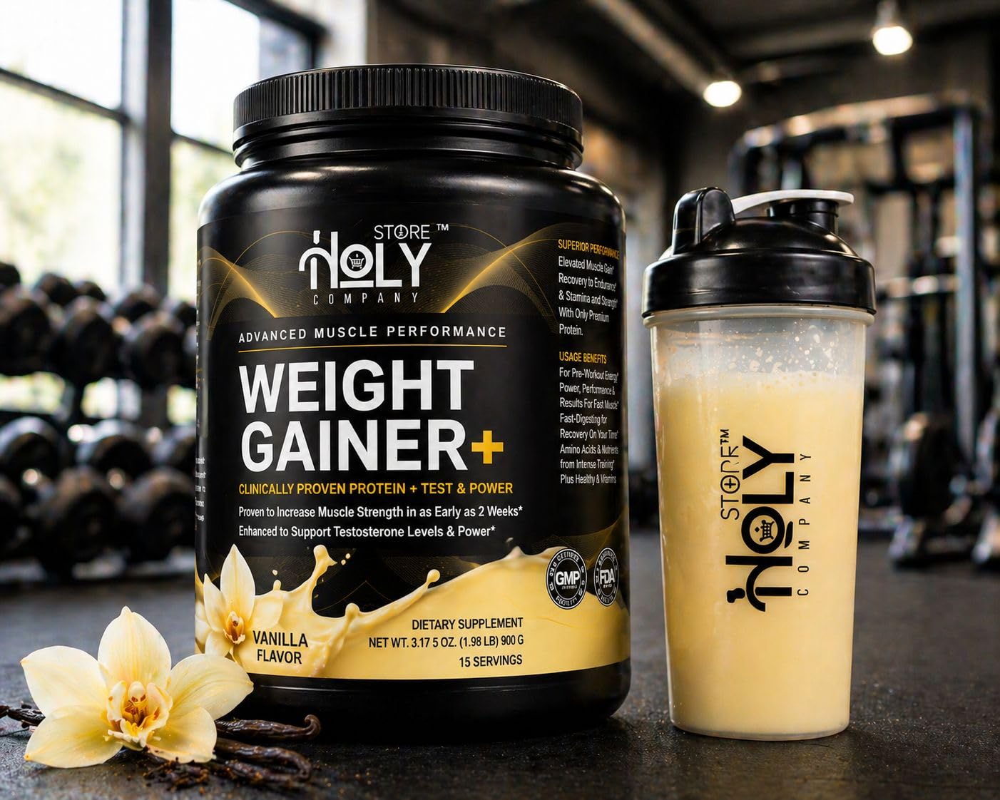 Holy Store Company Weight Gainer Protein Powder Muscle Mass Builder Vanilla Flavor, 31.75