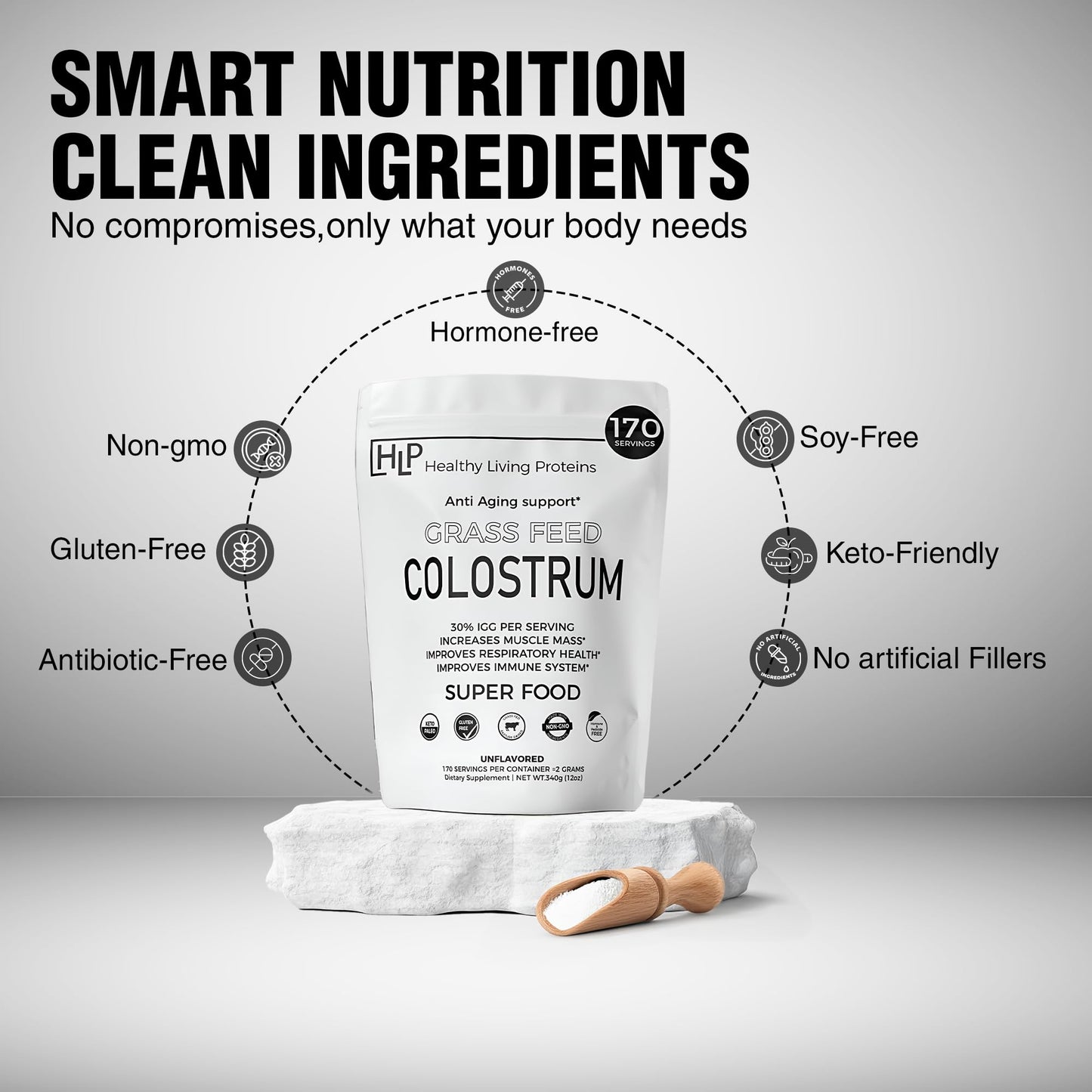 HLP Healthy Living Proteins Grass Fed Colostrum Powder, 12oz, 170 Servings