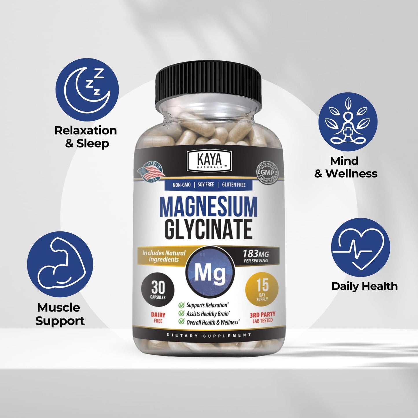Kaya Naturals Magnesium Glycinate 183mg per Capsule, Chelated for Maximum Absorption, 30 Count