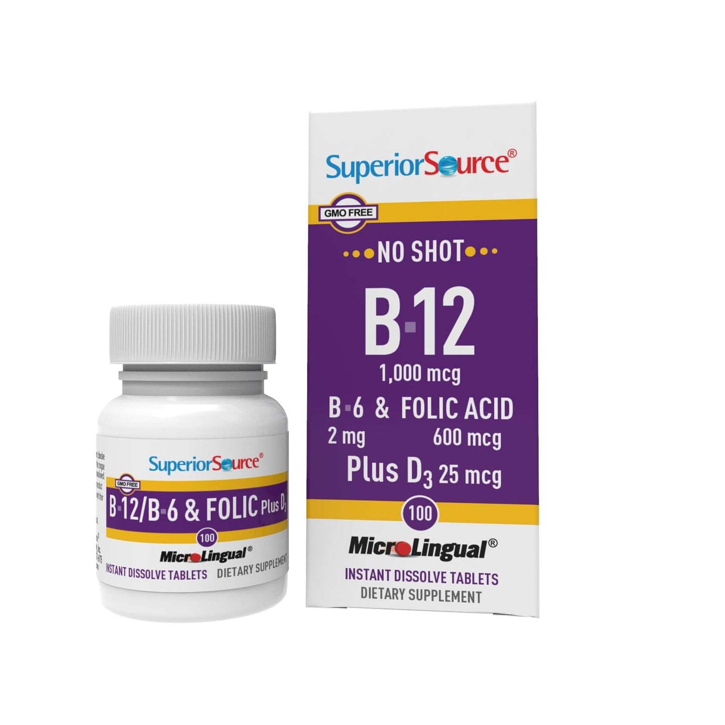 Superior Source No Shot Vitamin B-12 Cyanocobalamin 1000 mcg, B-6, Folic Acid & Vitamin D-3 1000 IU Sublingual Tablet, 1 Count