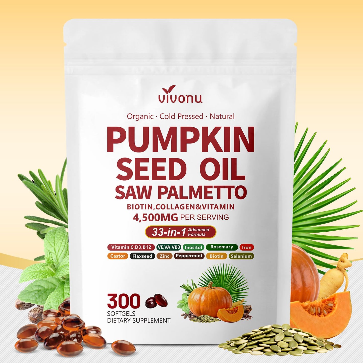 VivoNu Pumpkin Seed Oil with Saw Palmetto Capsules, 4500mg, 300 Count