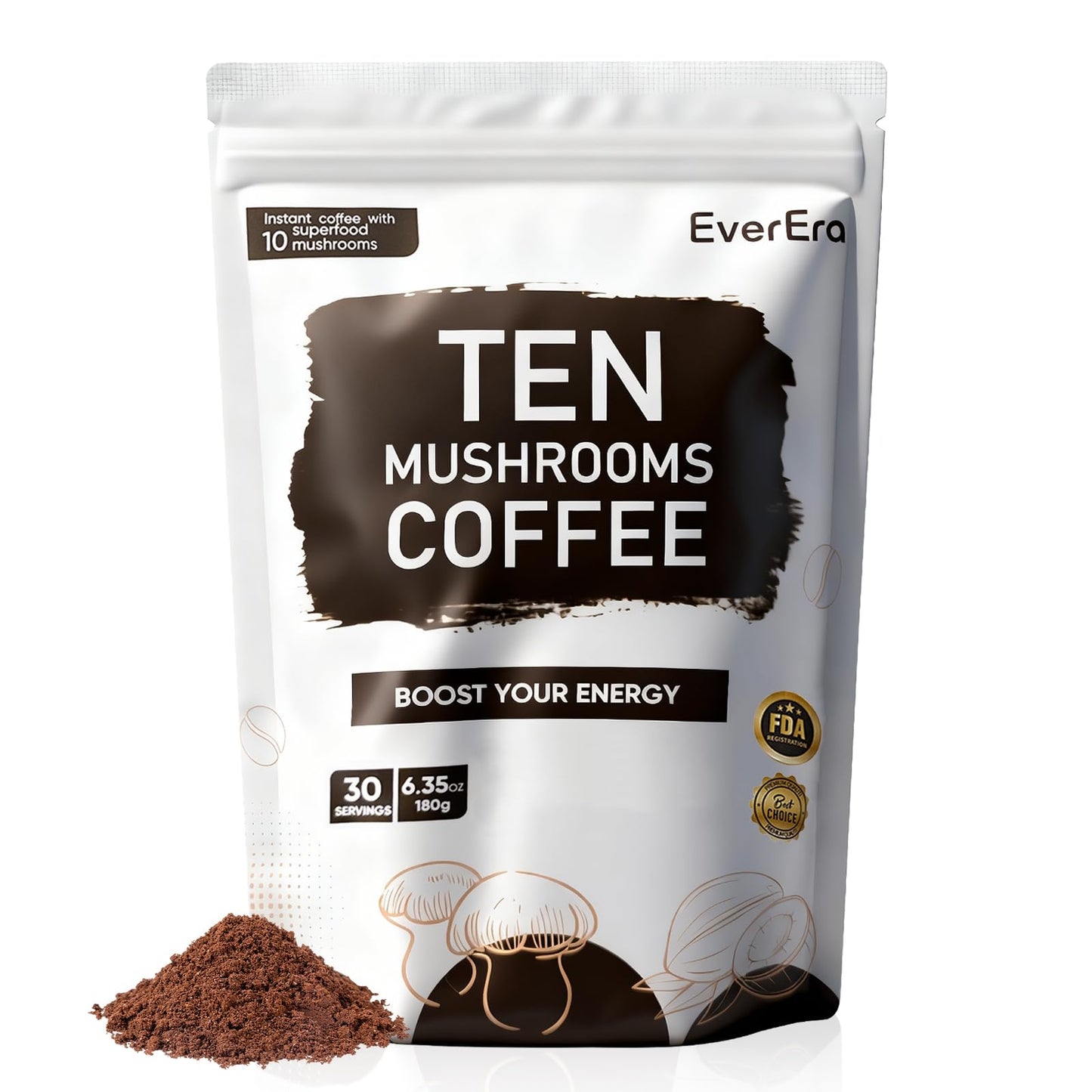 EverEra Organic Mushroom Coffee Powder, 6.35 Ounce, 30 Servings
