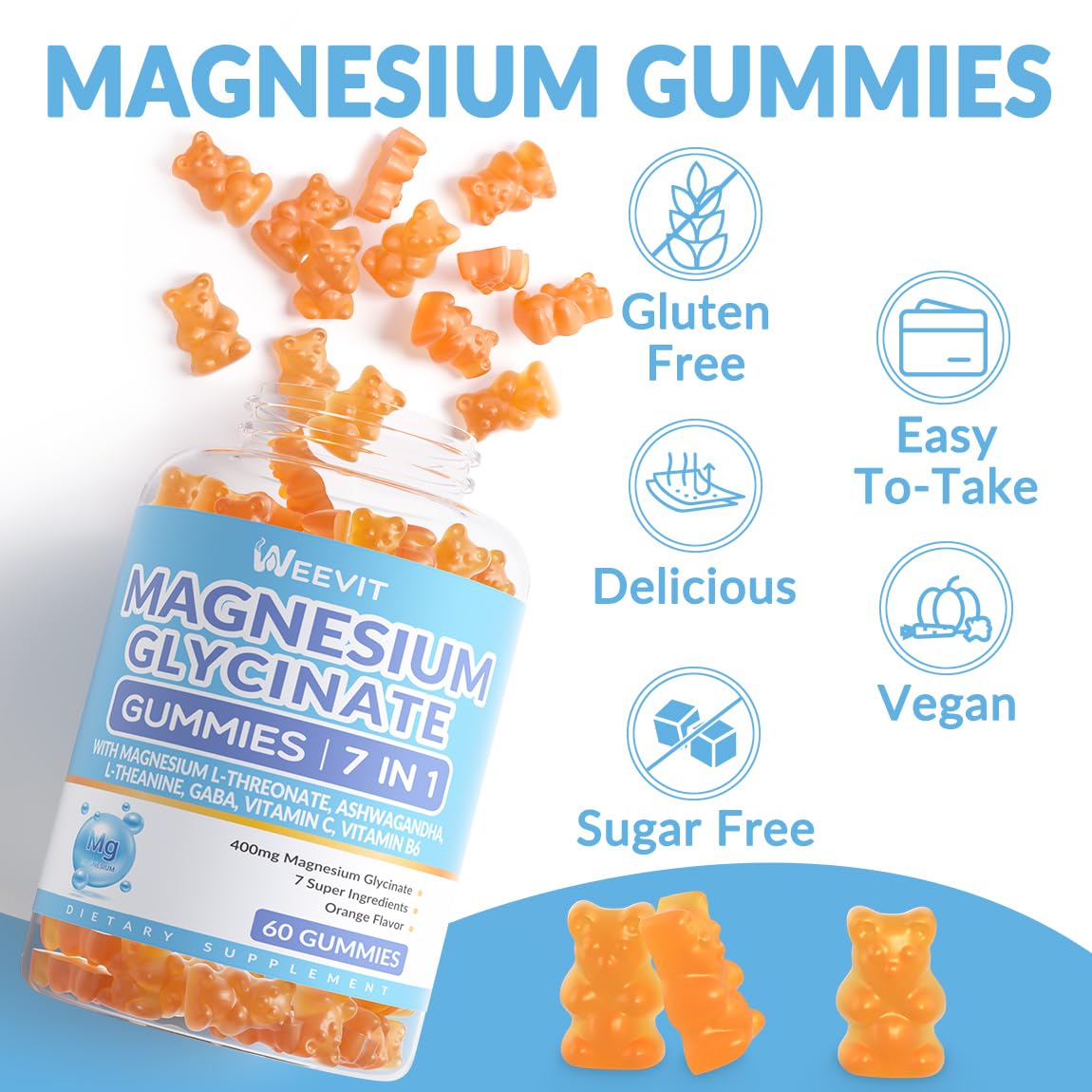 WEEVIT Magnesium Glycinate Gummies Sugar Free, 60 Count