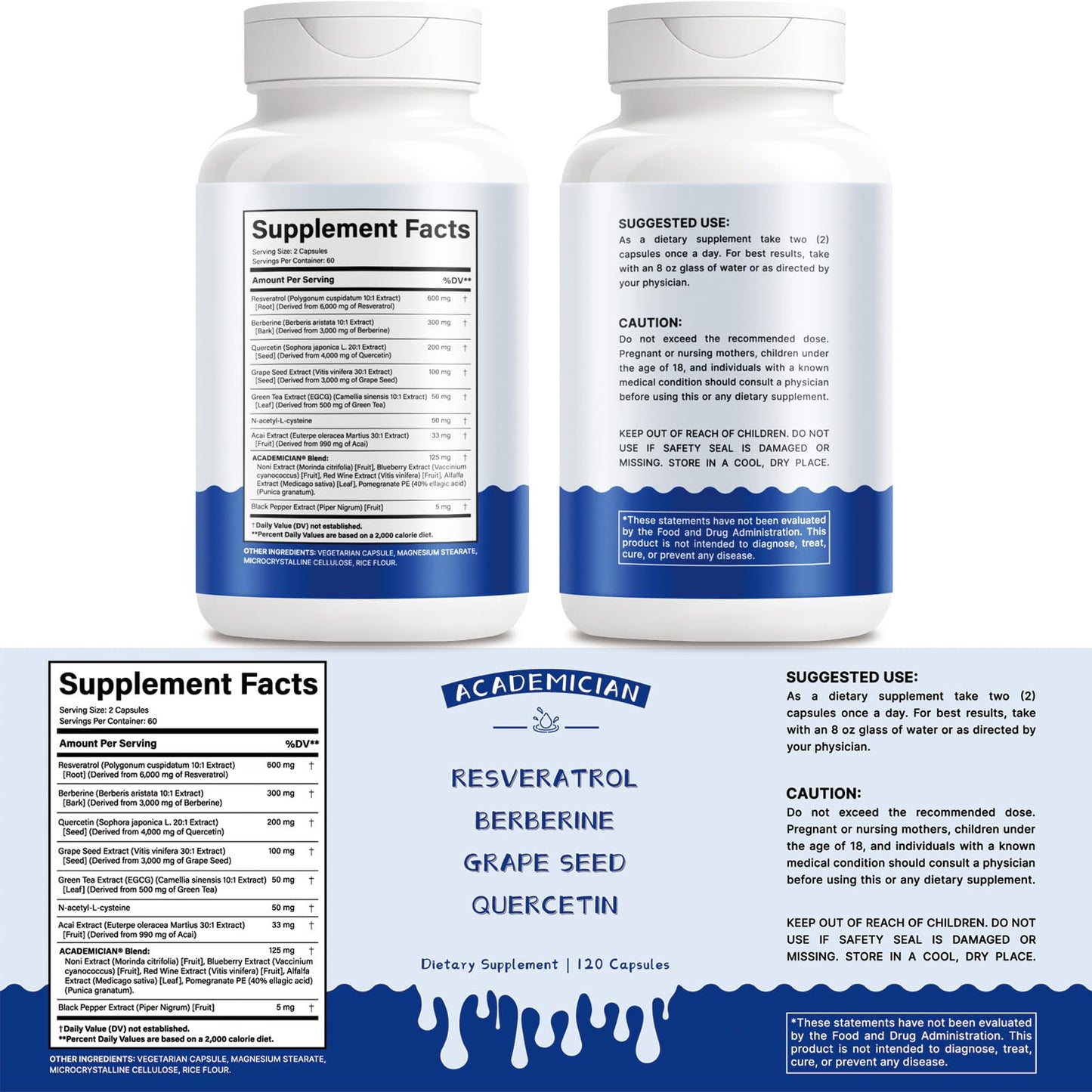 ACADEMICIAN Resveratrol Berberine Quercetin Capsule with Bromelain and Grape Seed Extract - 120 Count