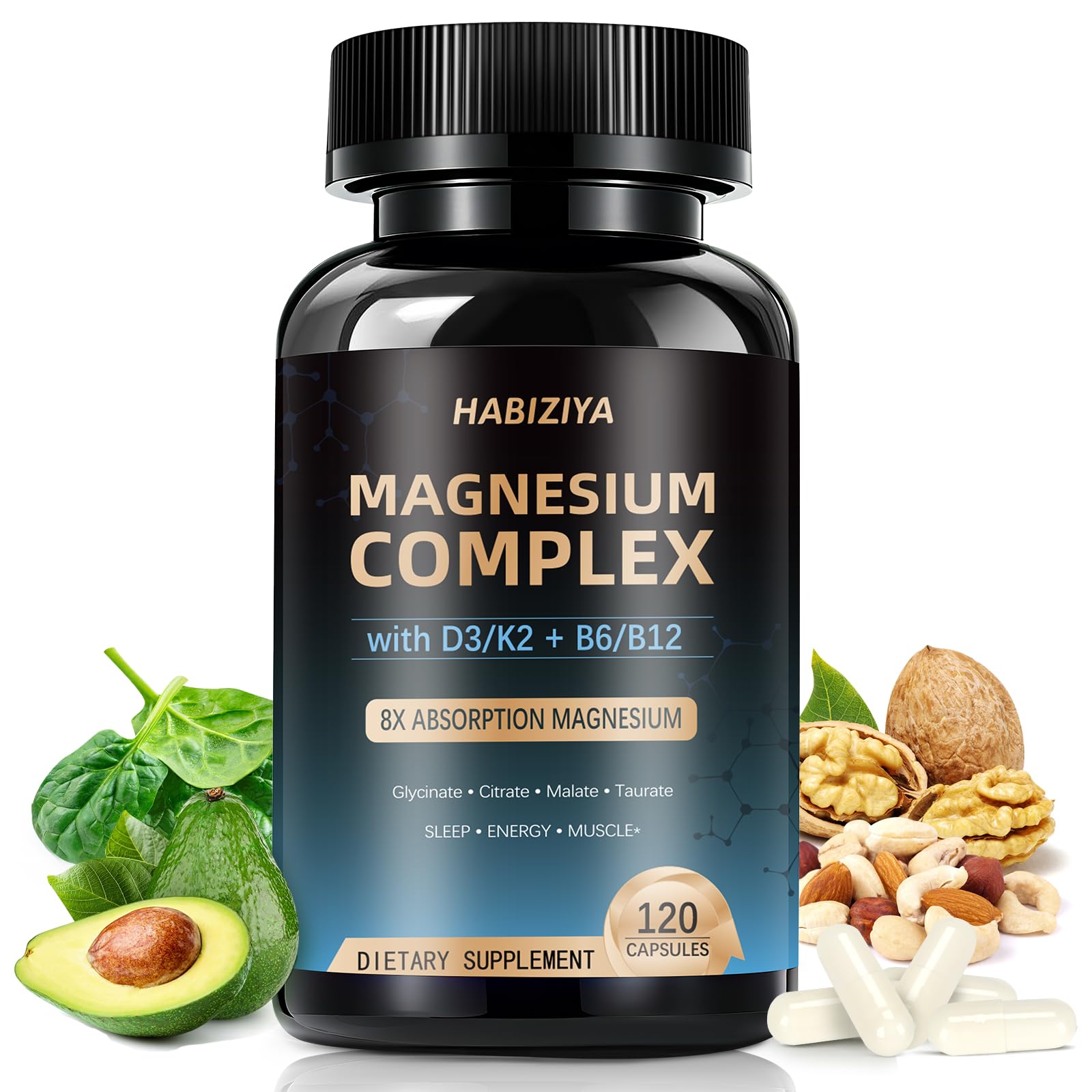 HABIZIYA Magnesium Complex 600mg with D3, K2 MK7 & B Vitamins High-Absorption Capsules, Vegan, 120 Capsules