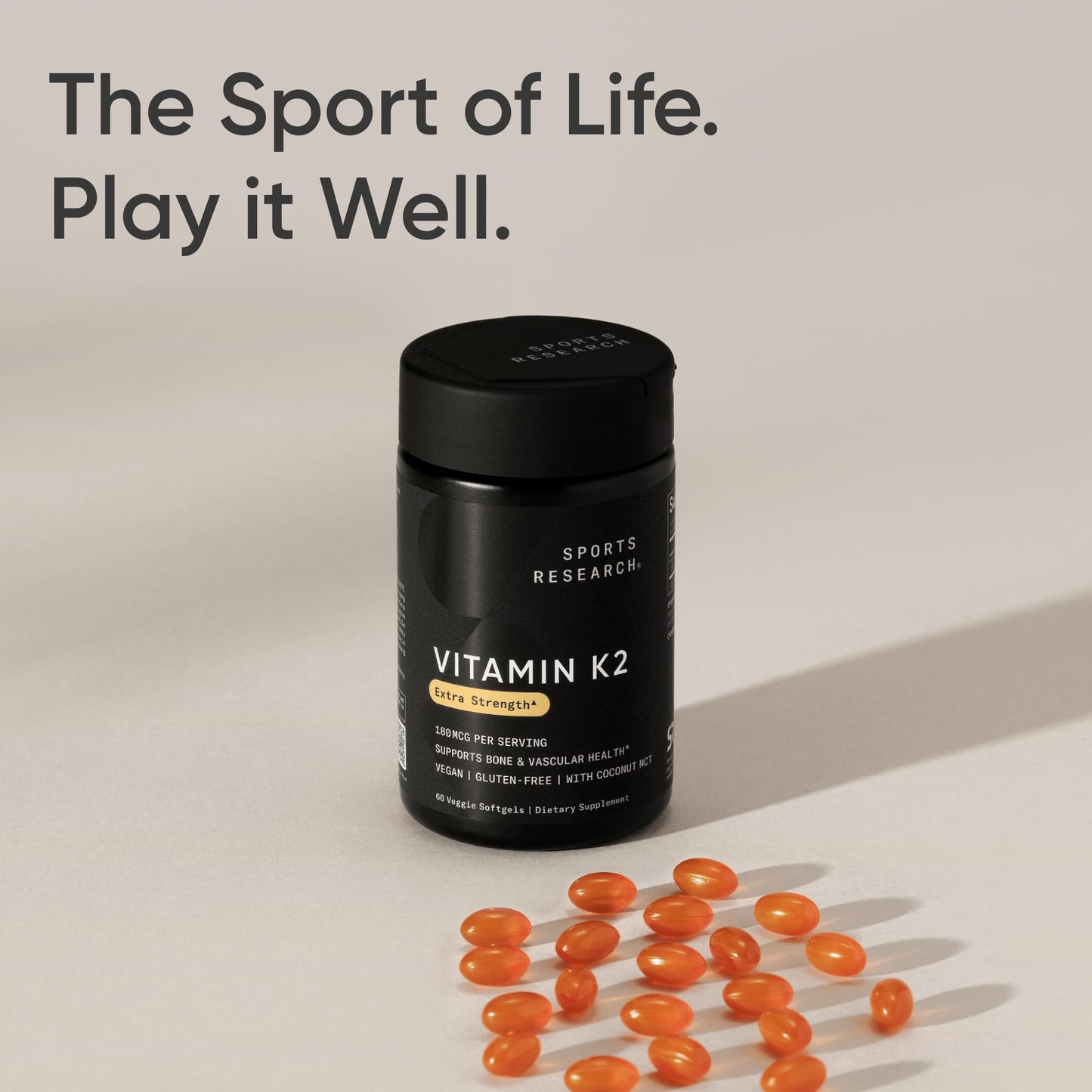 Sports Research Vitamin K2 (MK-7) 180mcg w/Coconut MCT Oil Softgels, 60 Count