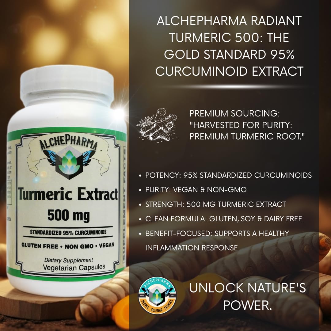 AlchePharma Turmeric Curcumin Supplement 500mg - Standardized to 95% Curcuminoids, Vegan, Non-GMO, Gluten Free Capsules, 1 Count