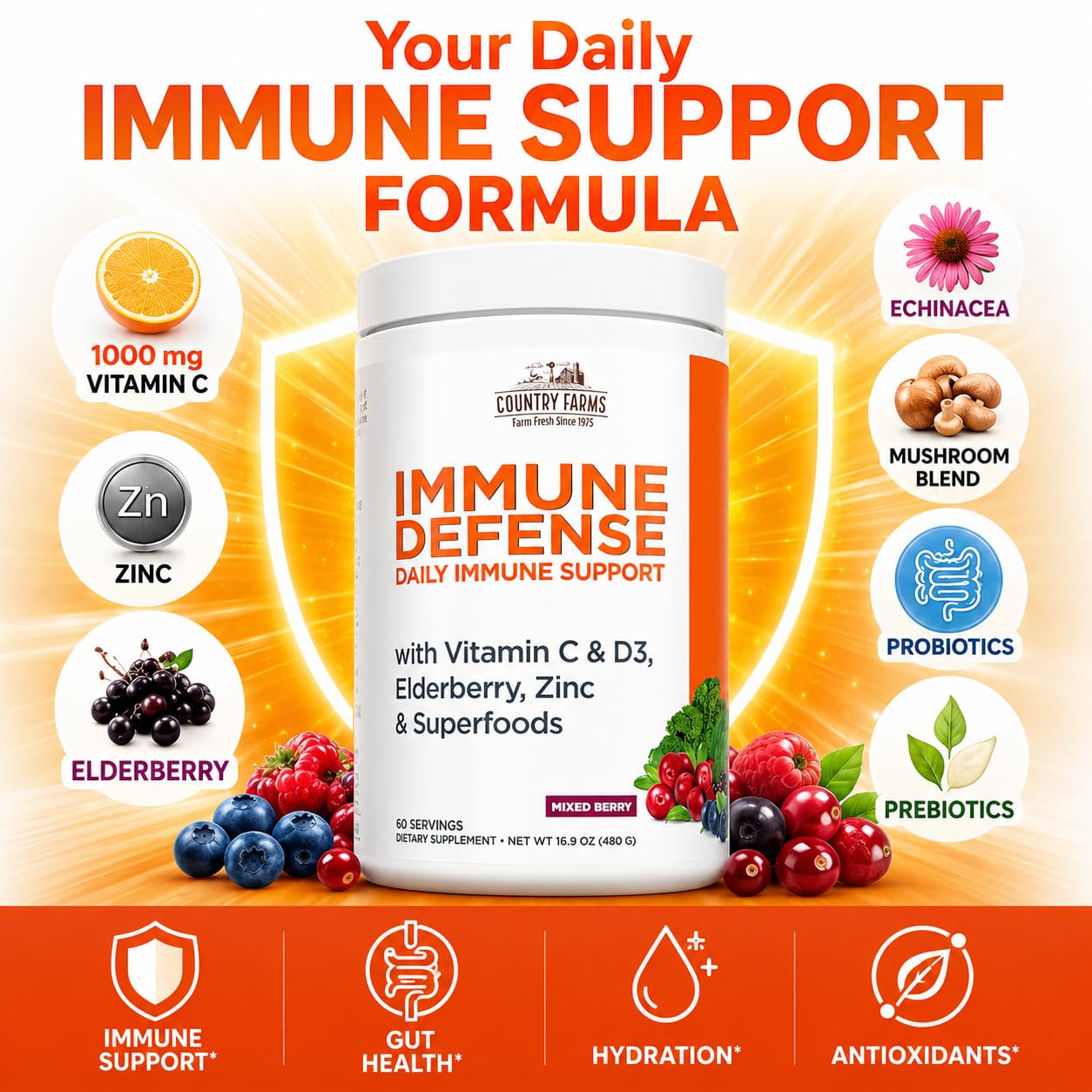 Country Farms Immune Defense Superfoods Immune Support Supplement Vitamin C with Black Elderberry Echinacea Turmeric Supports Hydration with Probiotics and Prebiotics Berry Flavor Powder 16.93 oz