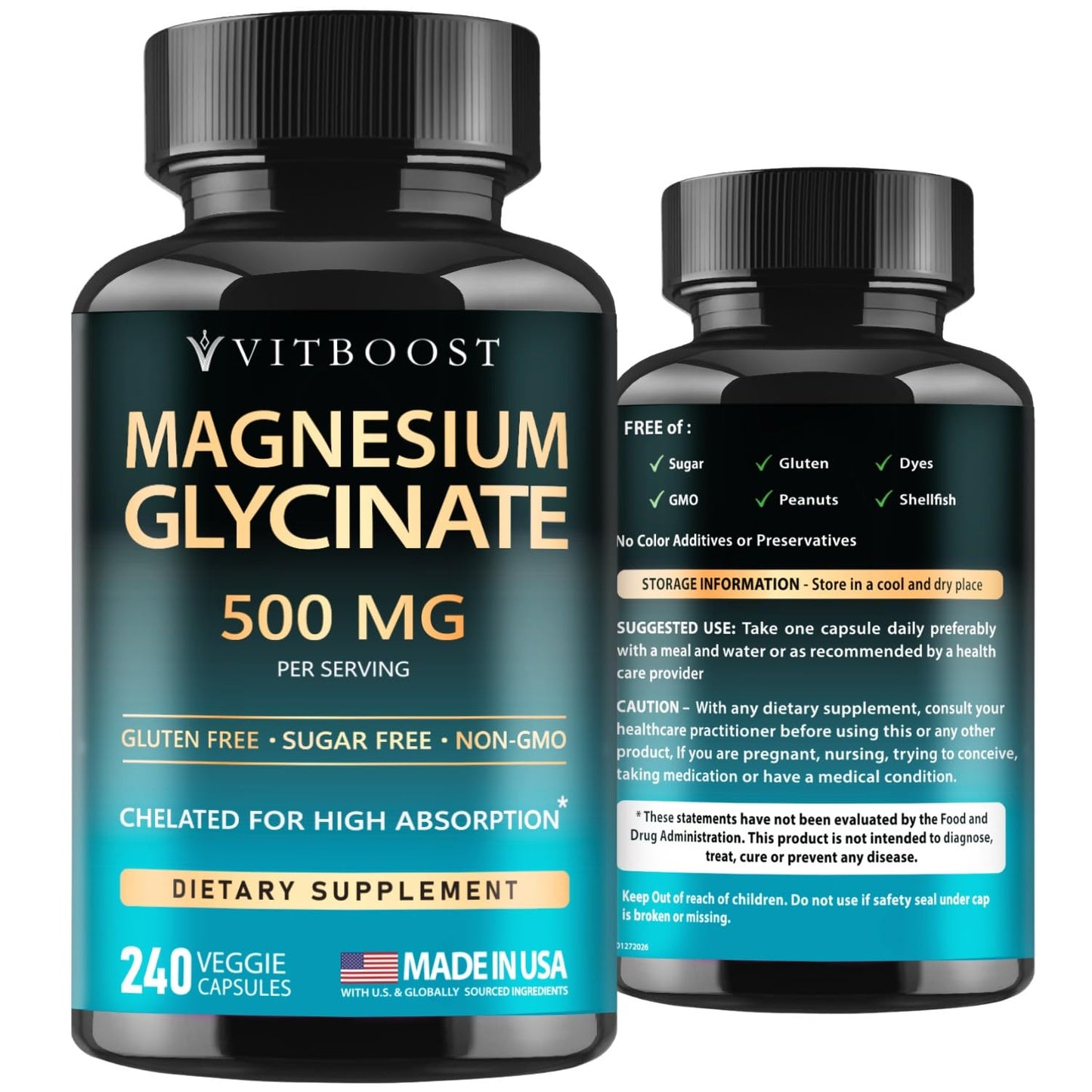 VITBOOST Magnesium Glycinate 500mg Chelate Capsules 240 Count