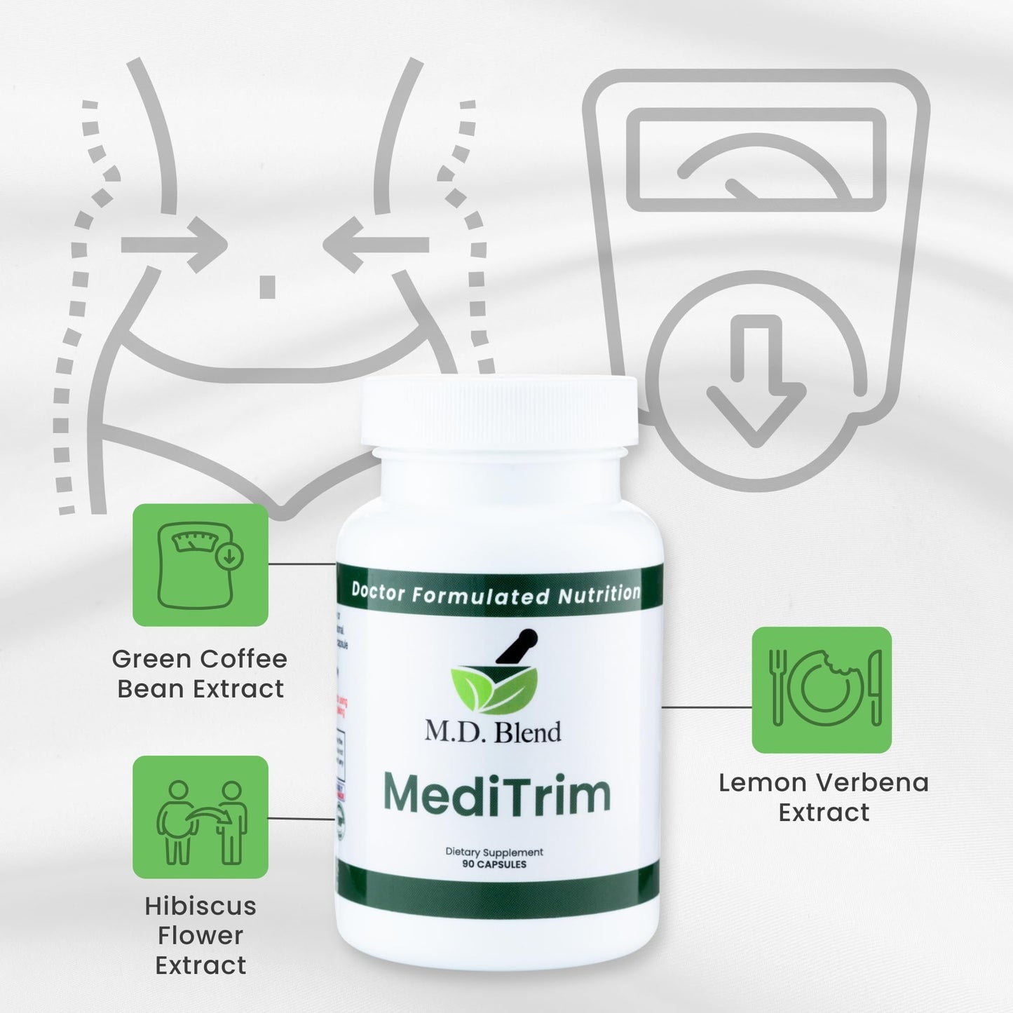 M.D. Blend MediTrim Energy Supplements Metabolism Booster for Vitality & Satiety, Green Coffee Bean, Apple Cider Vinegar, Hibiscus, 270 Capsules