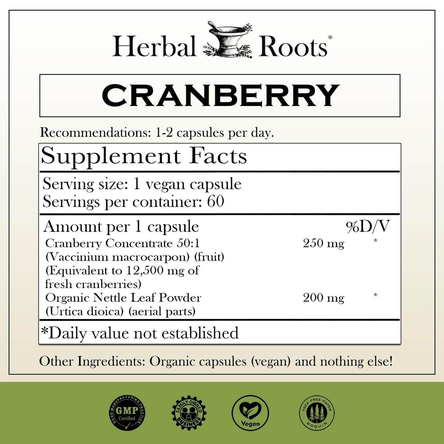 Herbal Roots Cranberry Pills with Organic Nettle Vegan Capsules, 60 Count