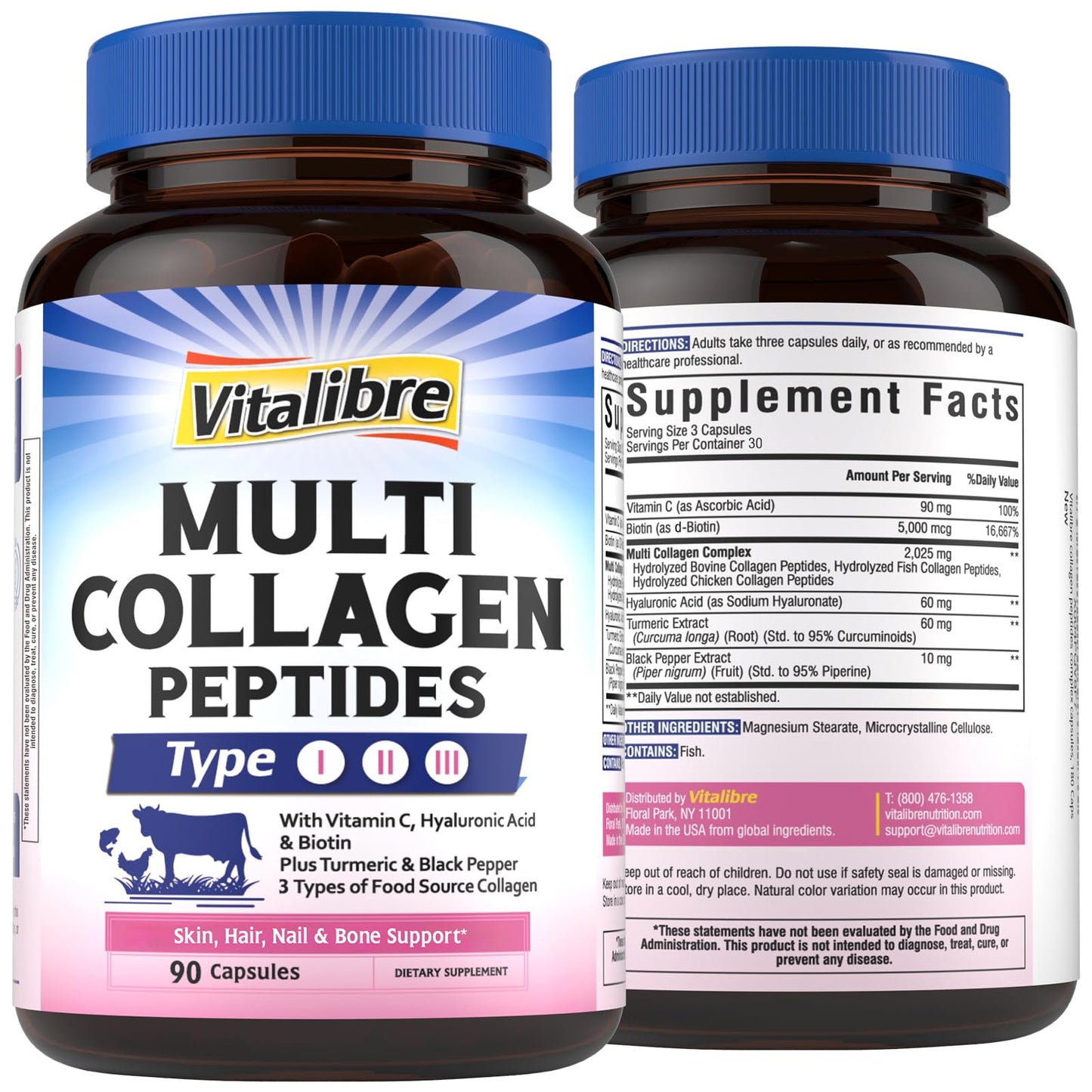 Vitalibre Multi Collagen Peptides, Hydrolyzed, Type I, II, III, Vitamin C, Biotin, Hyaluronic Acid, Turmeric & Black Pepper, Skin, Hair, Nail & Mobility Support, Non-GMO, 90 Capsules
