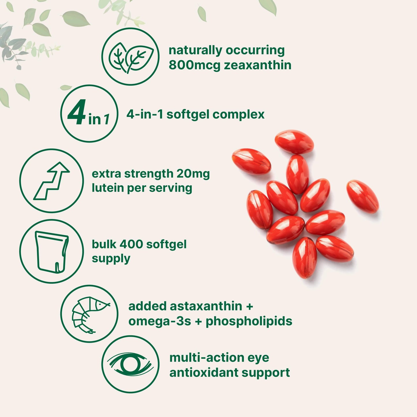 Micro Ingredients Lutein & Zeaxanthin 20mg Softgels with Astaxanthin, Omega-3s & Phospholipids, 400 Softgels