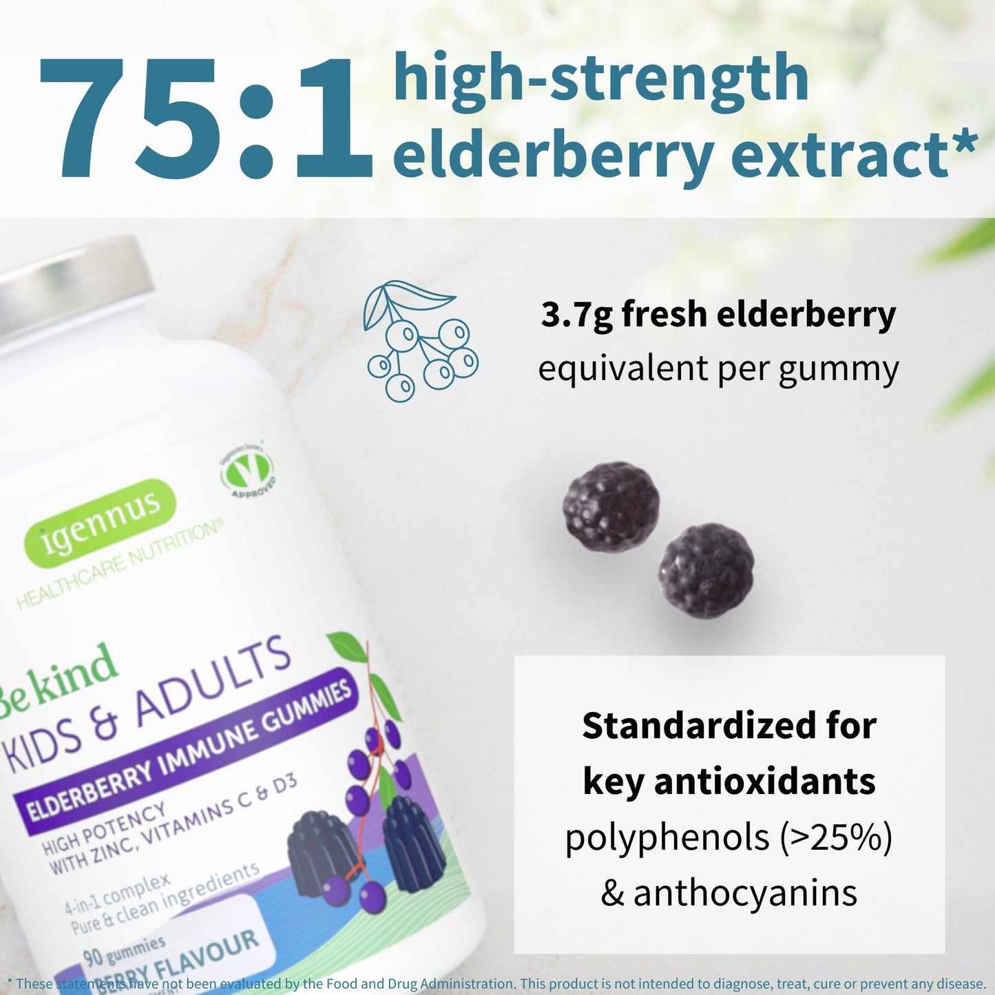 Igennus Healthcare Nutrition Advanced Elderberry Immune Gummies with Vitamin C, Zinc & D3, 4-in-1 Formula, 75:1 Concentration Standardized Extract, Natural Flavors, Clean Label, Vegetarian, Kids and Adults, 90 Gummies