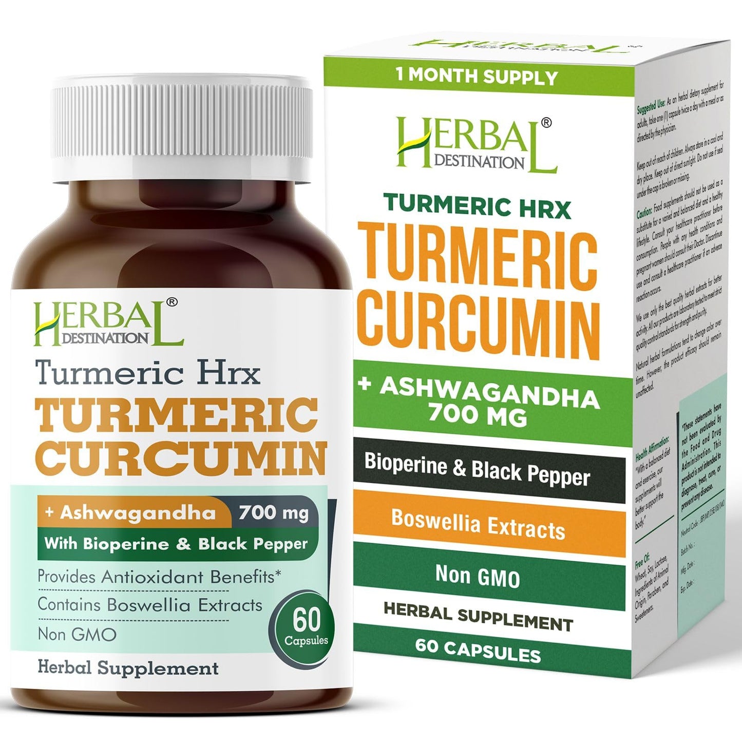 Herbal Destination Turmeric Curcumin with Boswellia & Ashwagandha Capsules, 60 Capsules