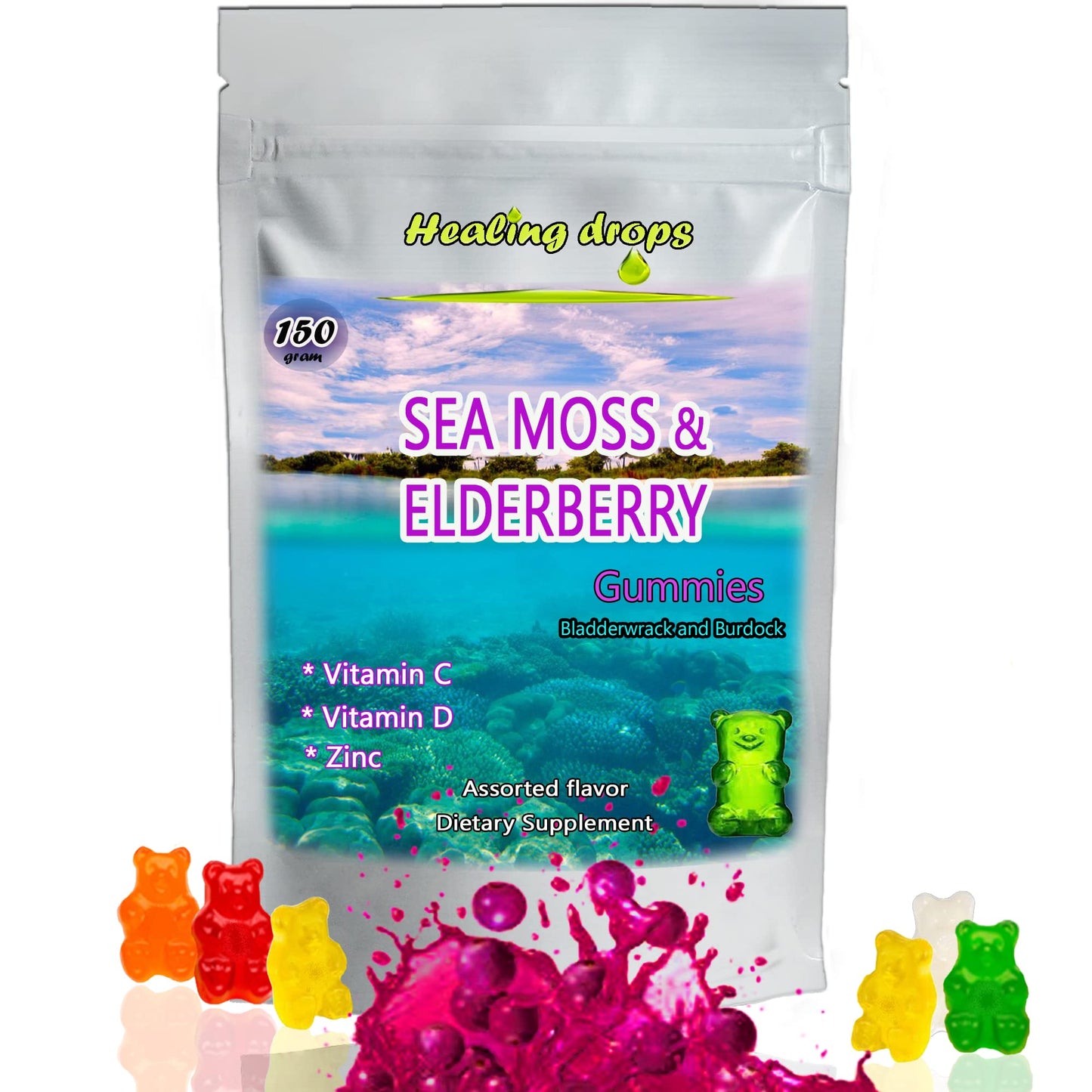 HEALING DROPS Irish Sea Moss Gummies Chewable Elderberry-Mix 50 Count