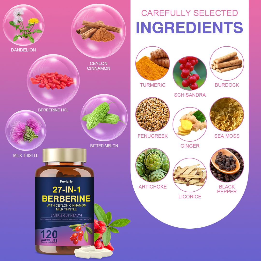 Feviarly Berberine Complex with Ceylon Cinnamon & Milk Thistle - 27-in-1, 120 Capsules