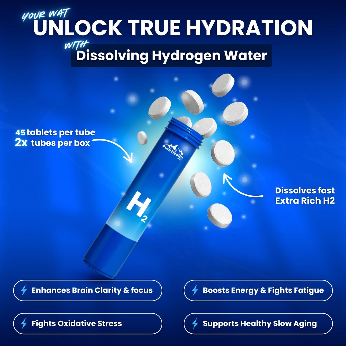PURE HEALTH MAX Hydrogen Water Tubes H2 Molecular Tabs, Magnesium Pills Electrolytes Hydration Supplement, 90 Tablets