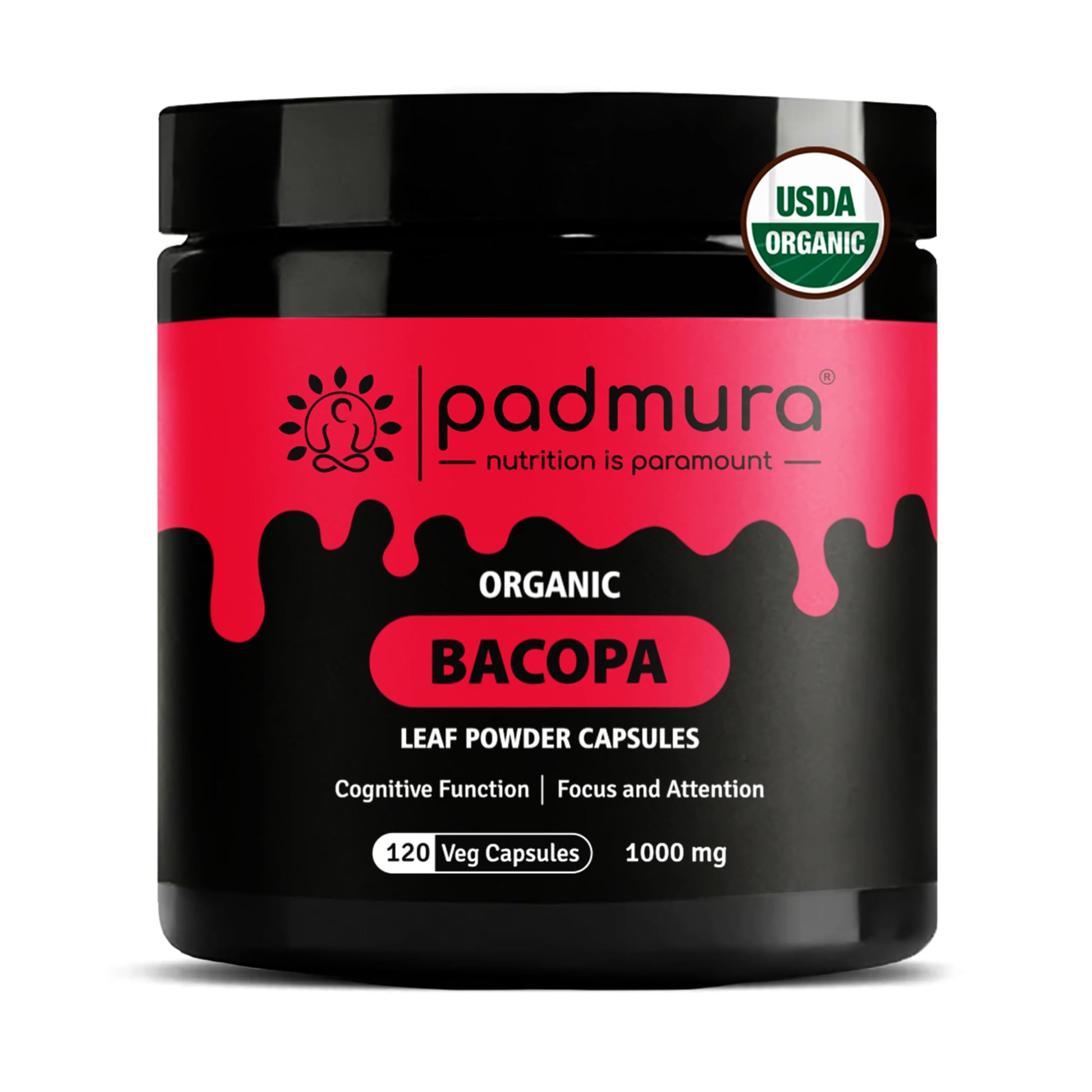 PADMURA Organic Bacopa Monnieri Leaf Powder Capsules, 120 Capsules