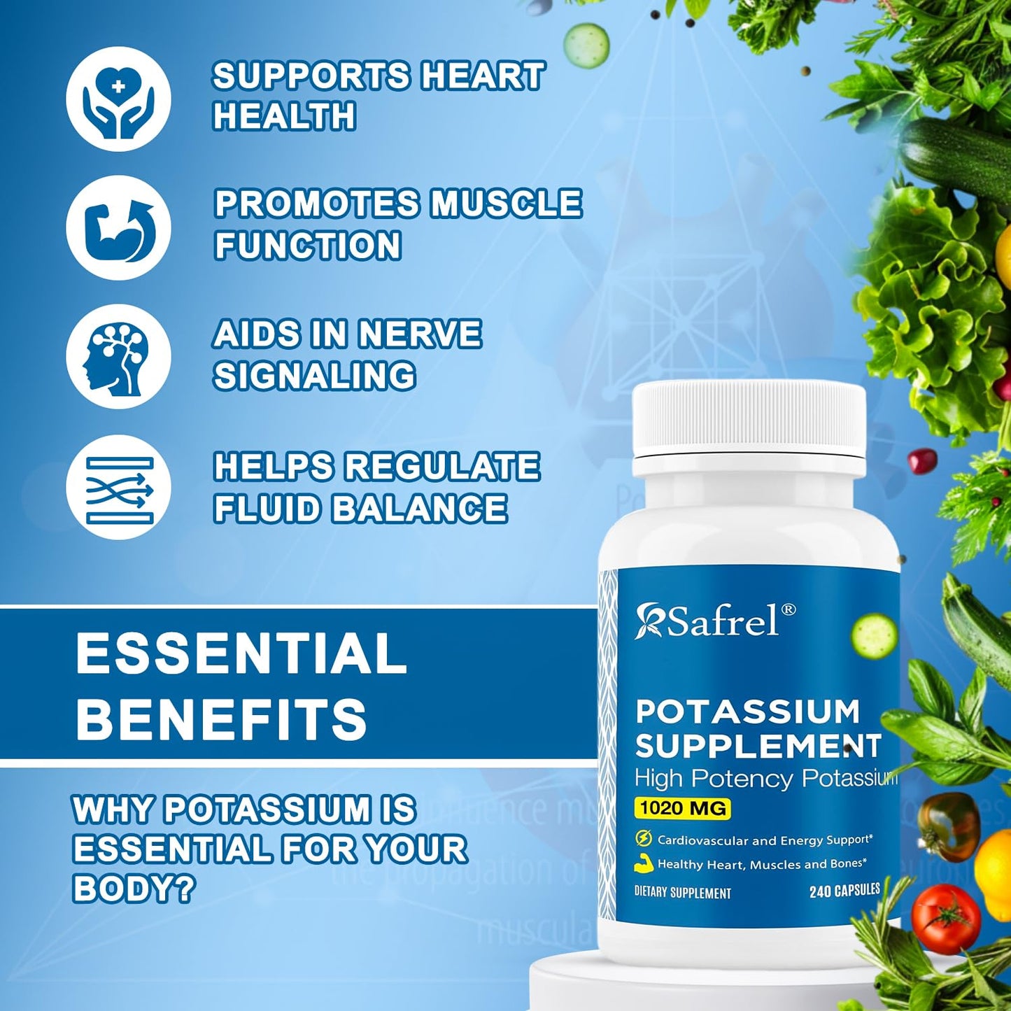 Safrel Potassium Supplement Capsules, 240 Count