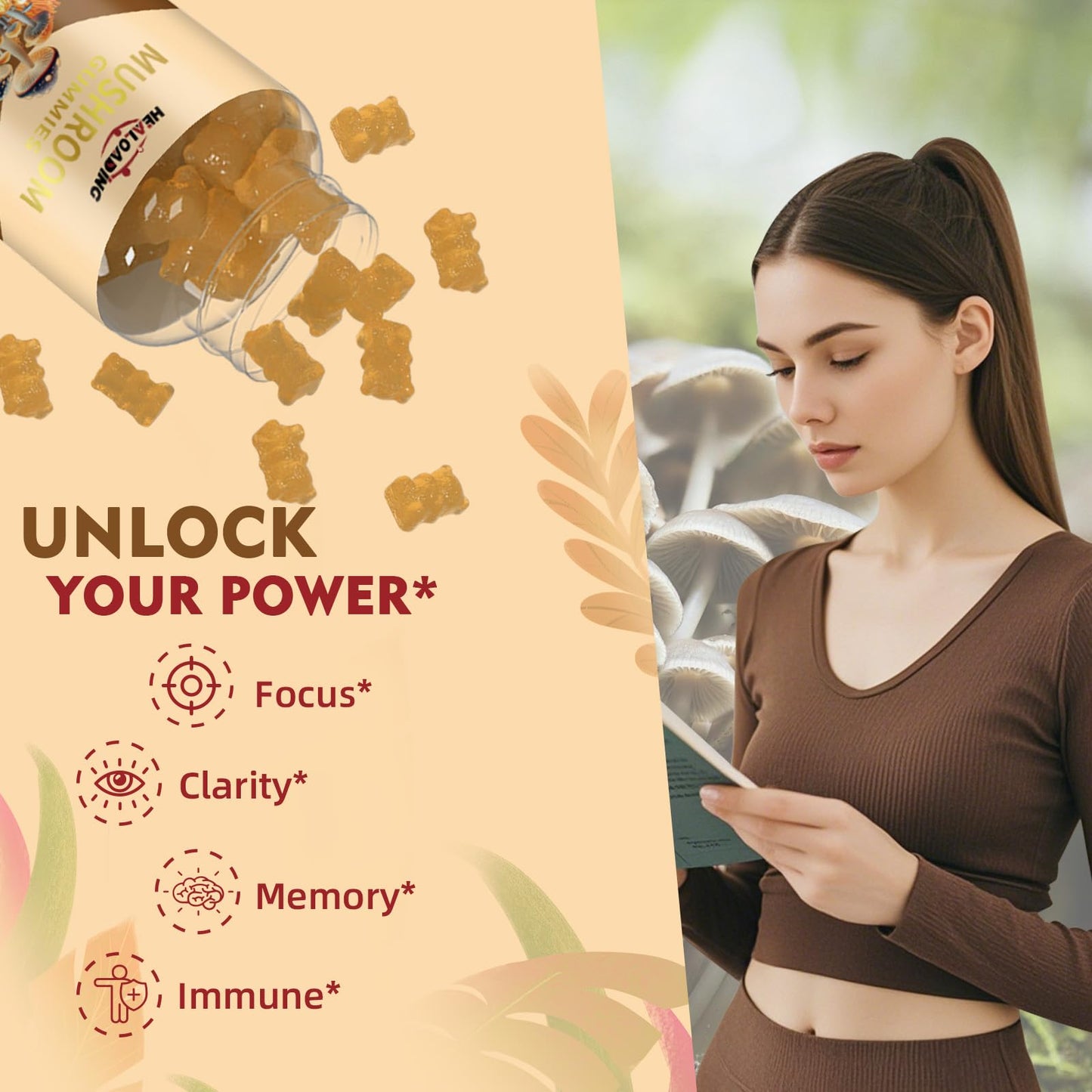 HEALOADING Mushroom Gummies with Lion's Mane & Cordyceps - Immune Support, Brain Health & Memory Enhancement - Vegan Mushroom Complex with Vitamin D3, B6, B9 & B12 - Focus, Energy & Cognitive Function Supplement, 60 Gummies