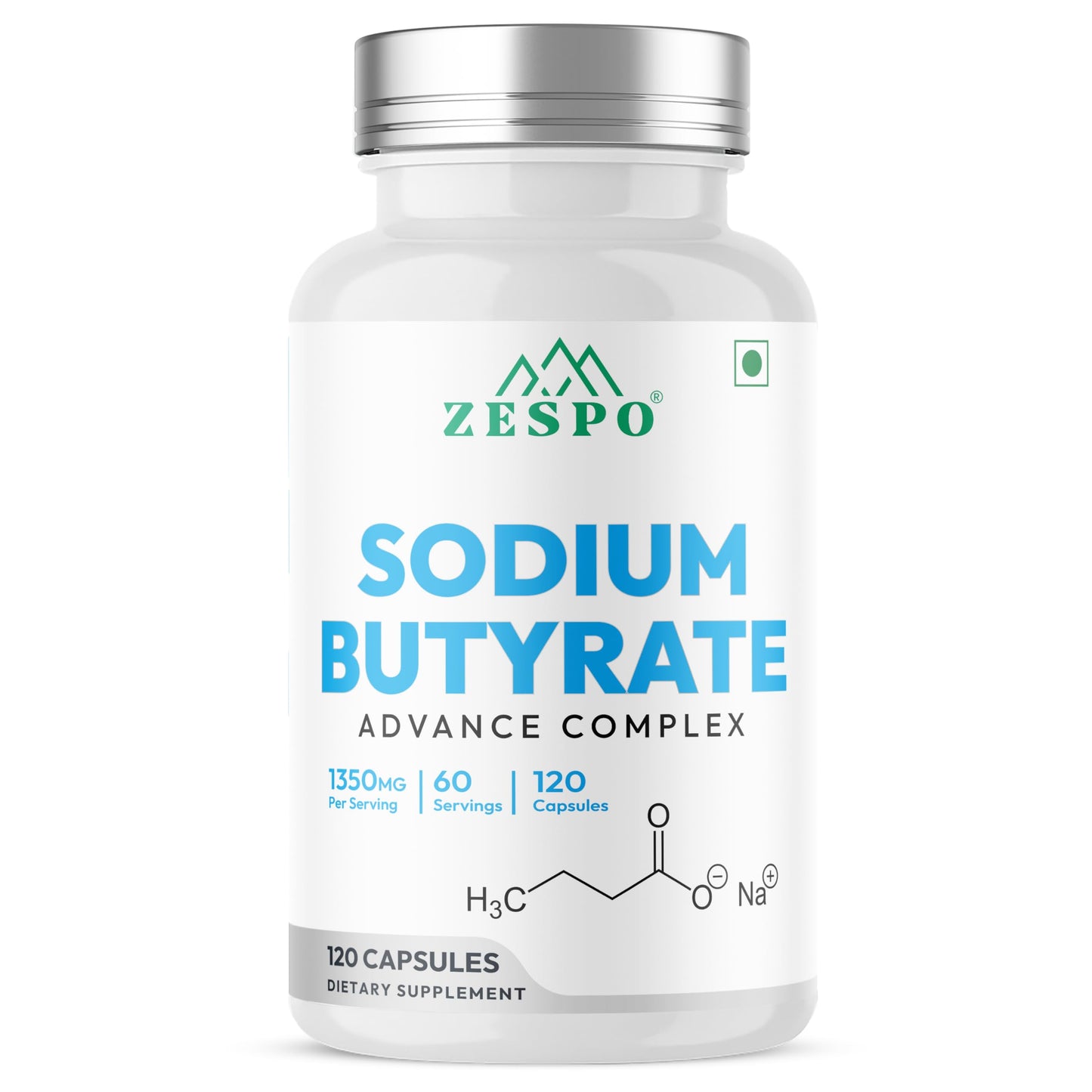 Zespo Sodium Butyrate 1000 mg (1350 mg Advanced Complex) – Micro-Encapsulated Butyrate with Tributyrin, Calcium BHB & Baobab 120 Capsules