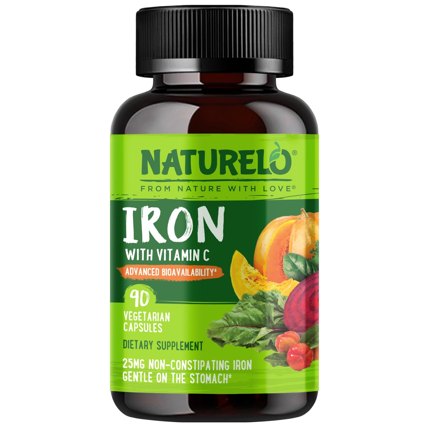 NATURELO Vegan Iron Supplement with Vitamin C and Organic Whole Foods 90 Capsules