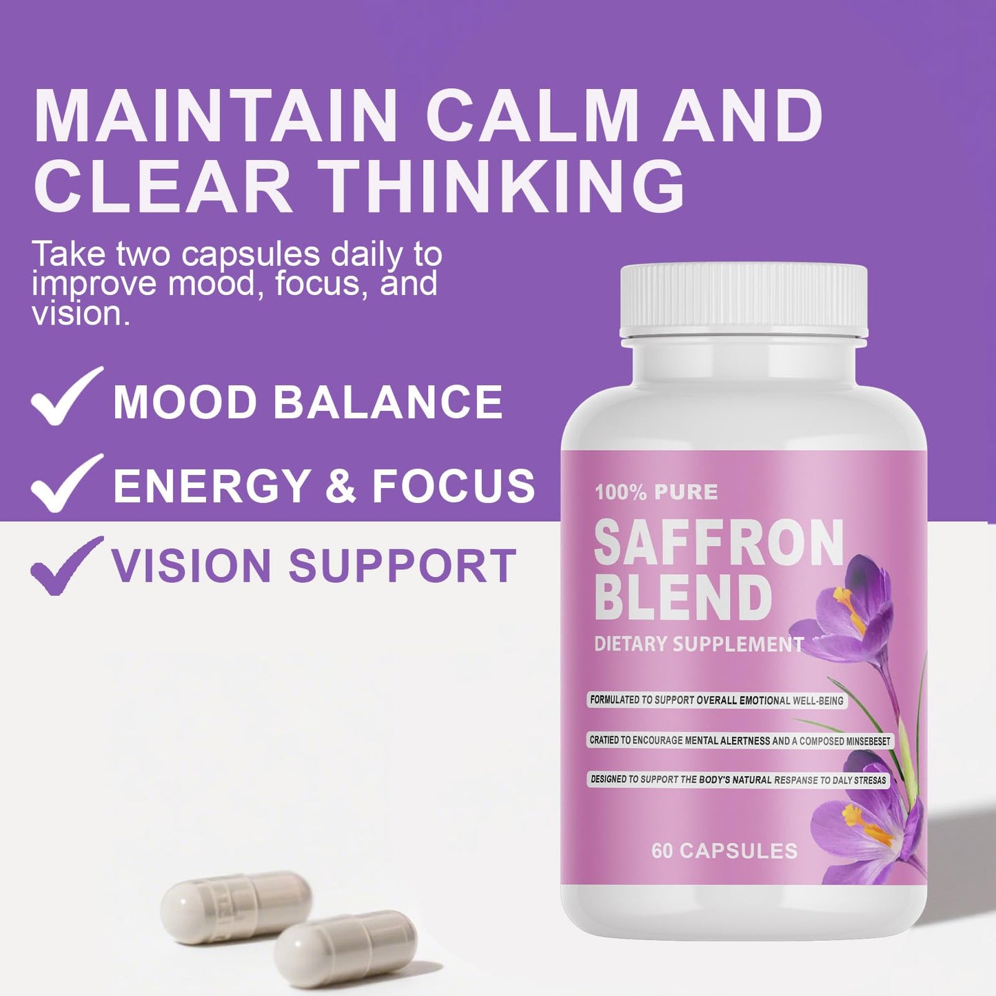 DYALE Saffron Supplements for Men & Women – Capsules, Saffron, B6, Magnesium & Herbal Extract for Focus, Mental Clarity & Energy – Non-GMO, Gluten-Free, 60 Capsules