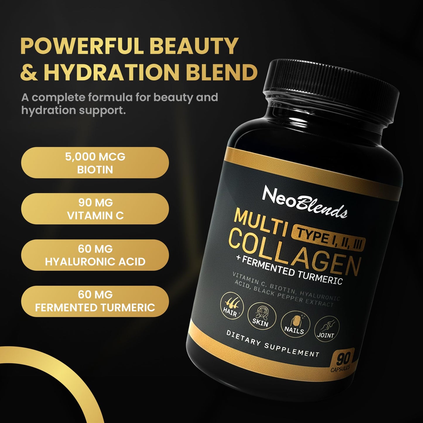 NEOBLENDS Multi Collagen + Fermented Turmeric – Hydrolyzed Collagen Types I, II & III with Biotin, Hyaluronic Acid & Vitamin C – Skin, Hair, Nail & Joint Support – 90 Capsules
