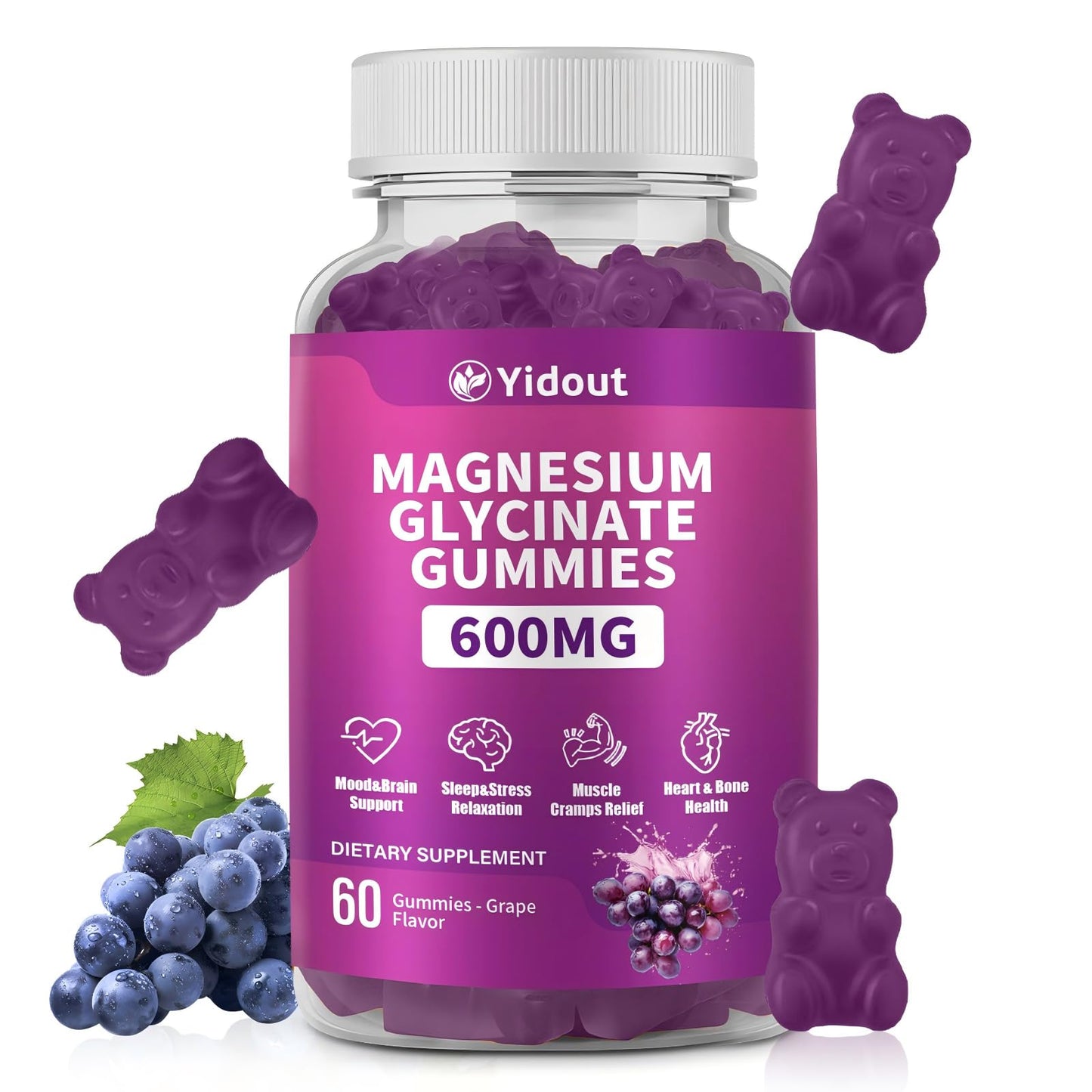 Yidout Magnesium Glycinate Gummies 600mg, 60 Count